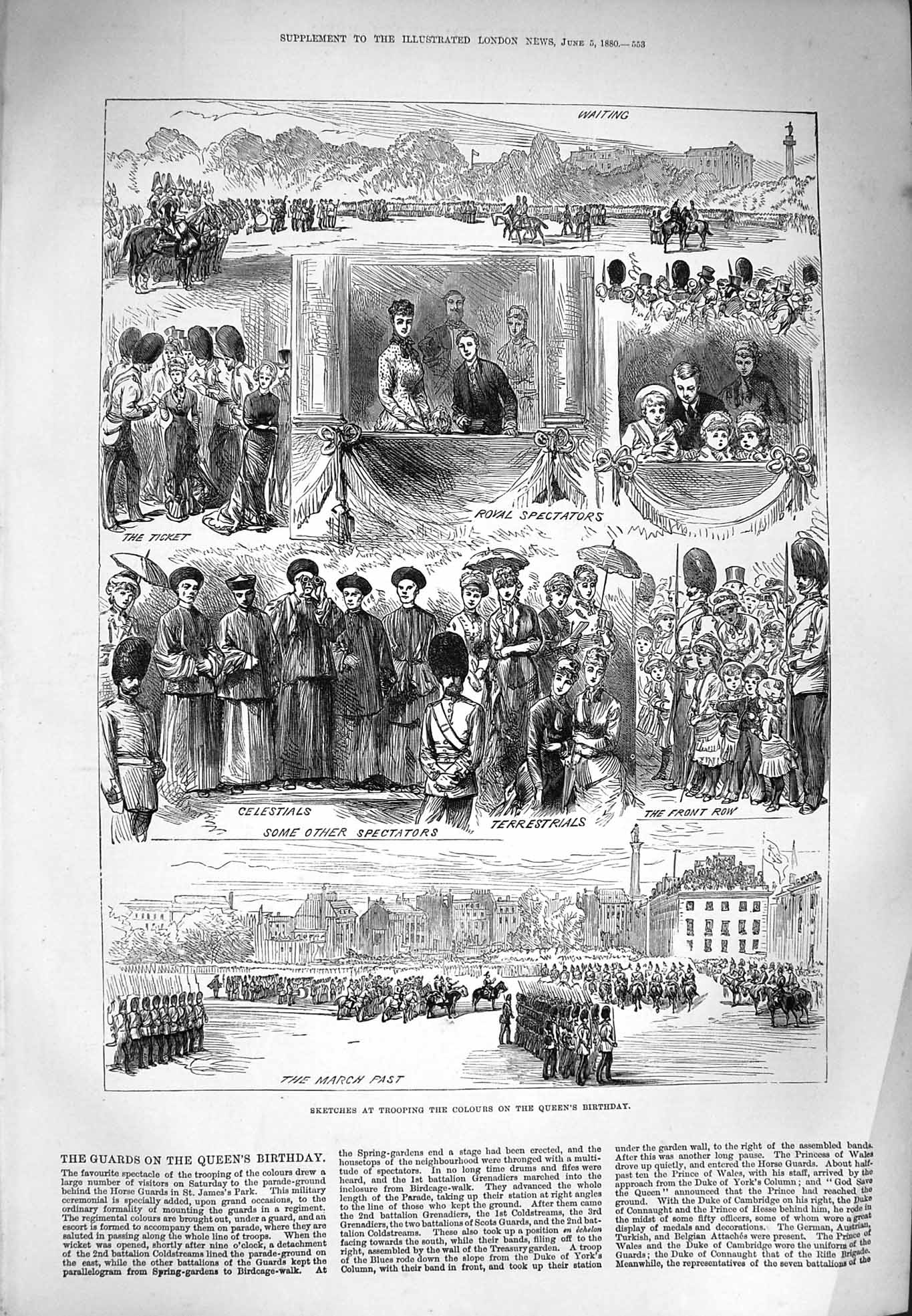 Original Old Antique Print 1880 Trooping Colours Queen'S Birthday St. James 19th