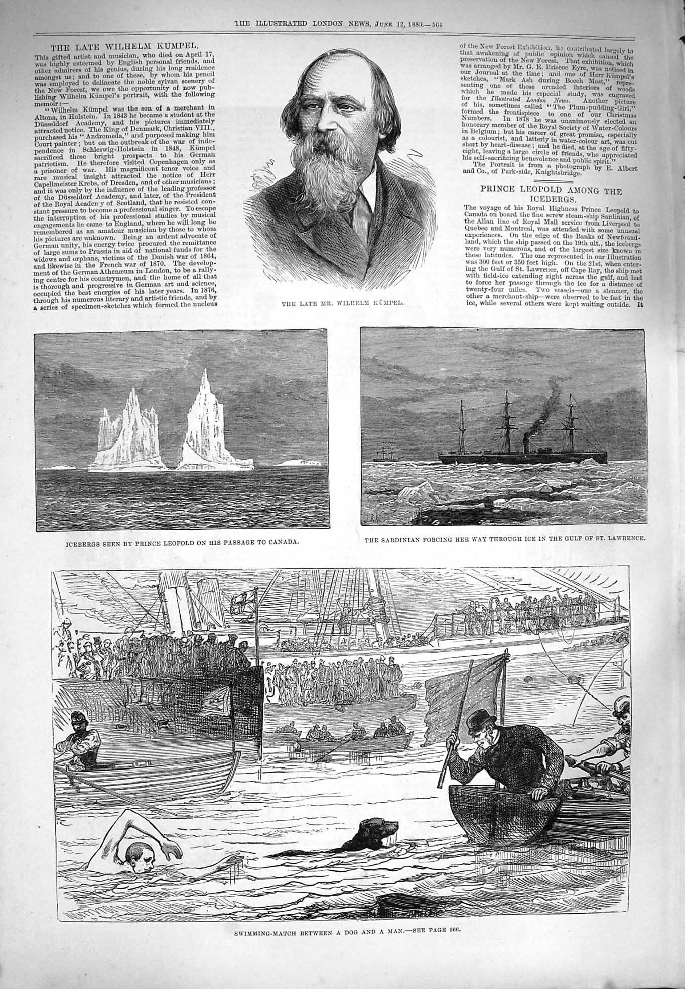 Old Antique Print 1880 Wilhelm Kumpel Icebergs Canada Sardinian Ship Dog 19th