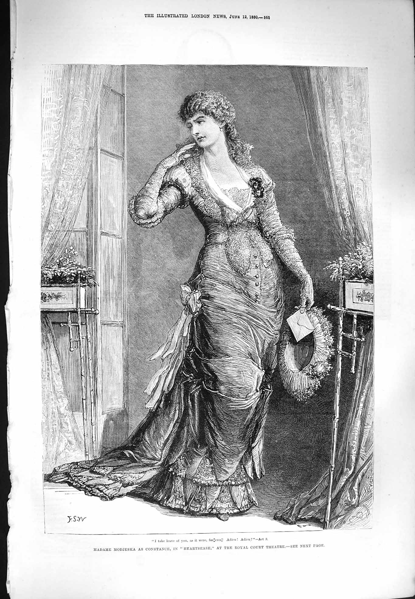 Antique Old Print *3346 1880 Madame Modjeska Constance Royal Court Theatre