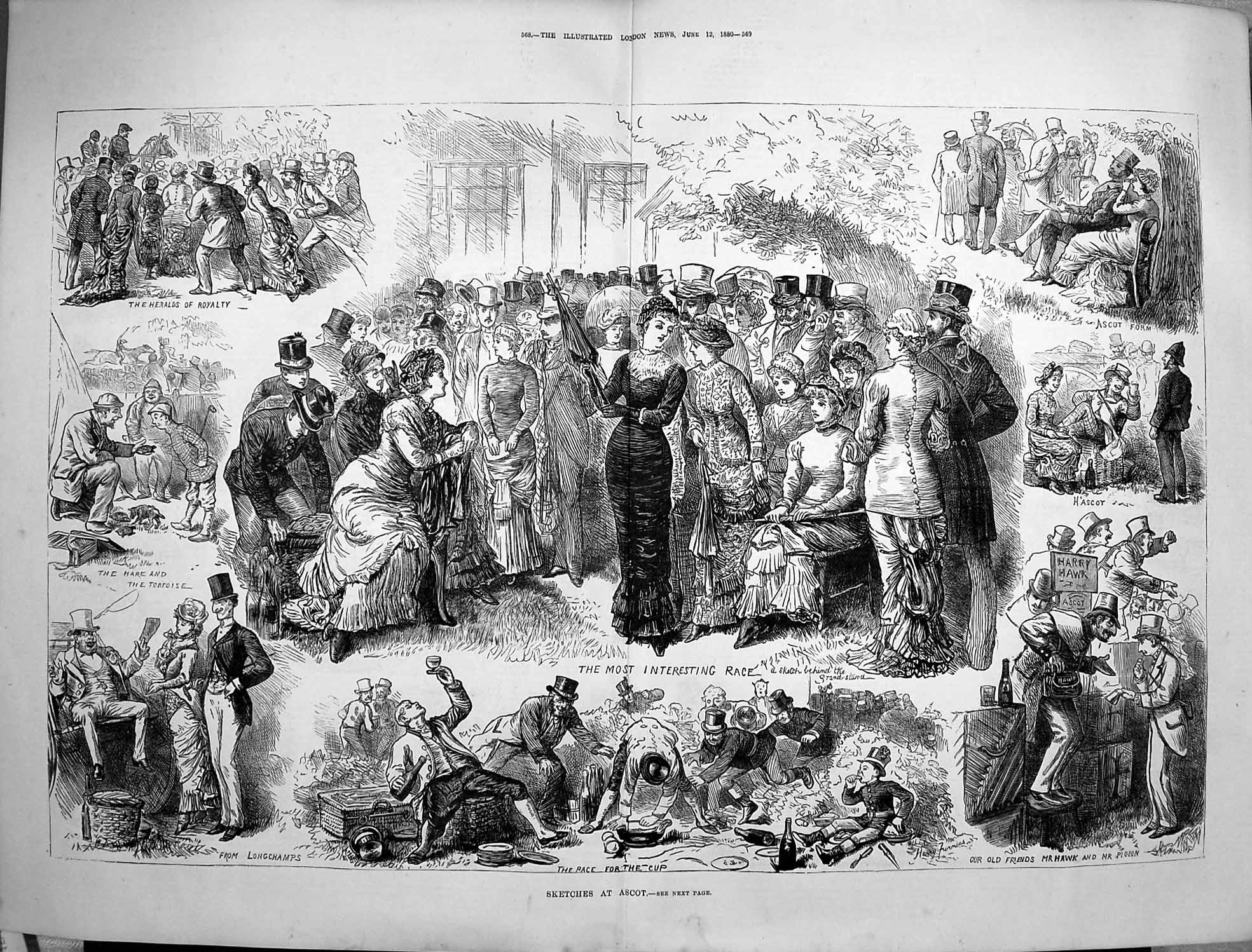 Old Antique Print 1880 Ascot Horse Racing Spectators Picnic Hawk Pigeon 19th
