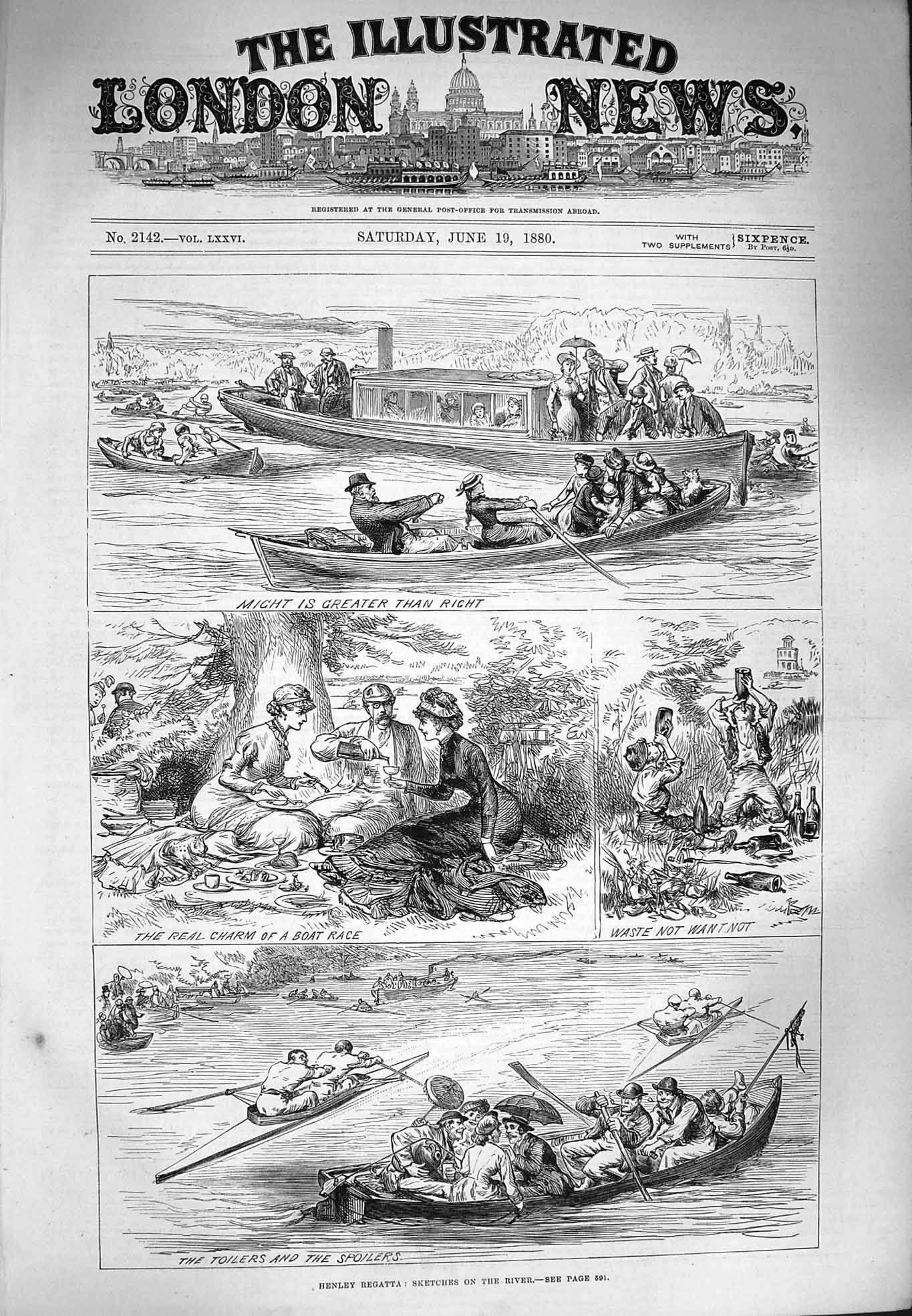 Original Old Antique Print 1880 Henley Regatta River Boat 19th Century