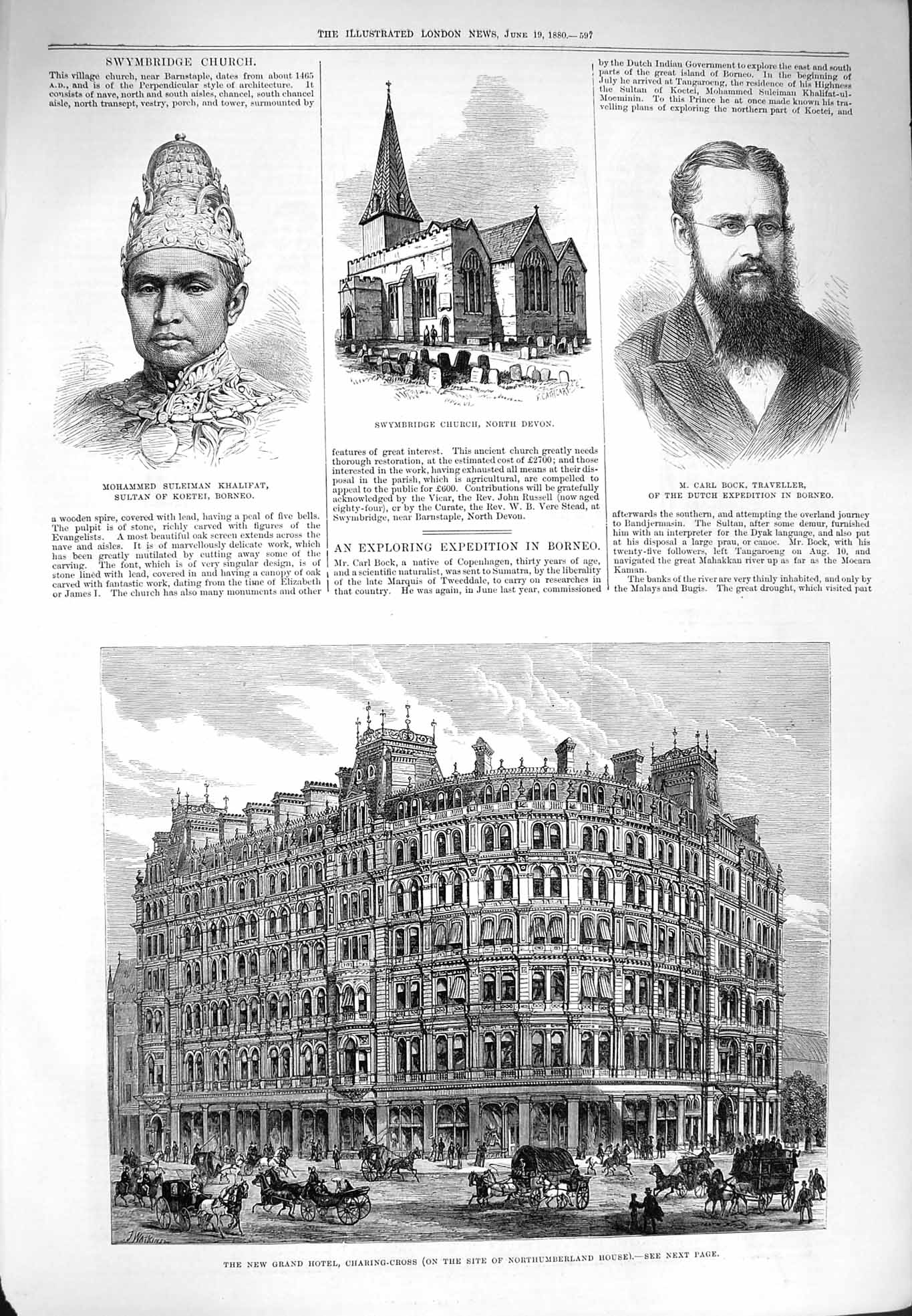 Original Old Antique Print 1880 Hotel Charing-Cross Swymbridge Church Bock 19th