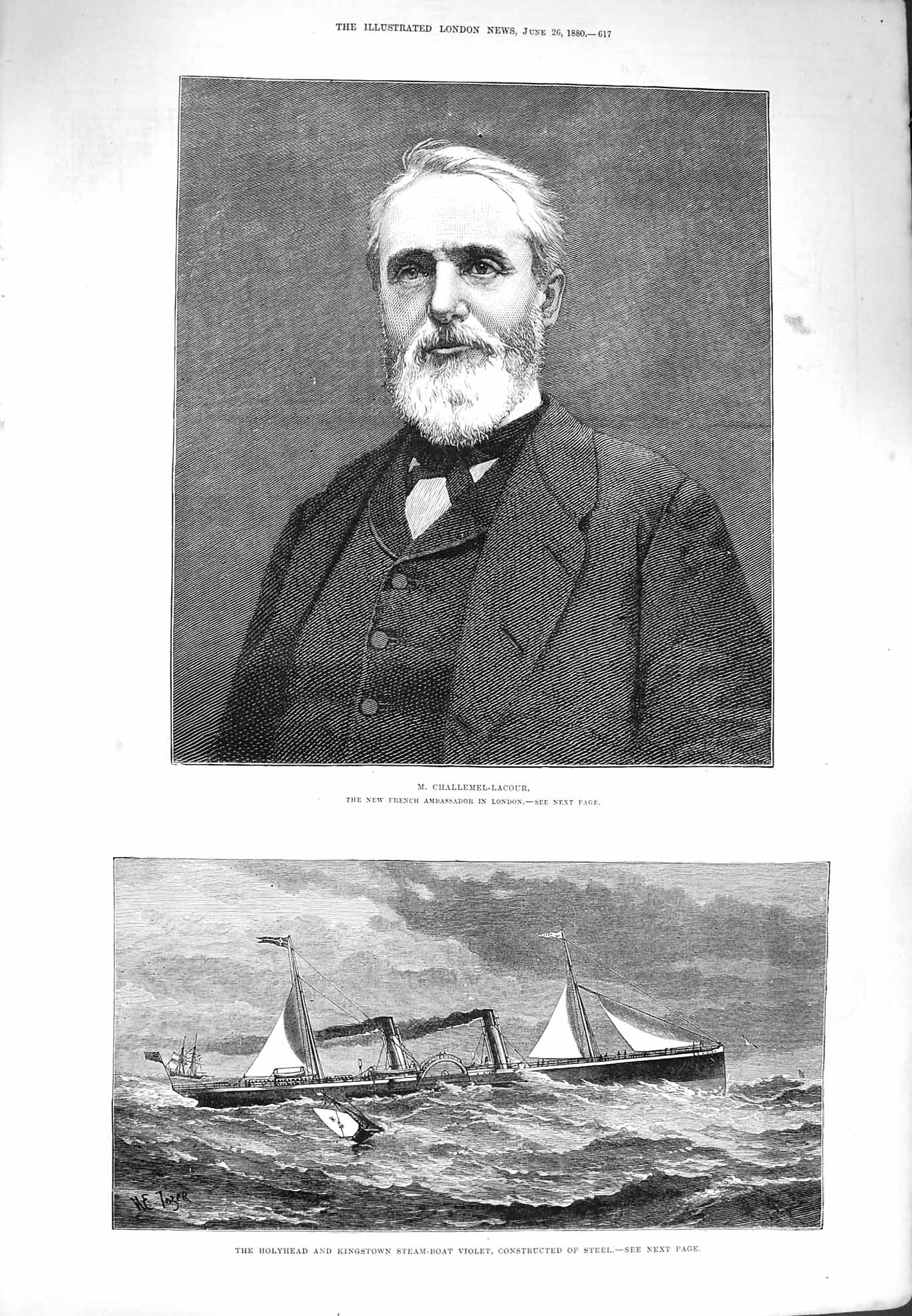 Original Old Antique Print 1880 Challemel-Lacour Holyhead Kingstown Steam-Boat