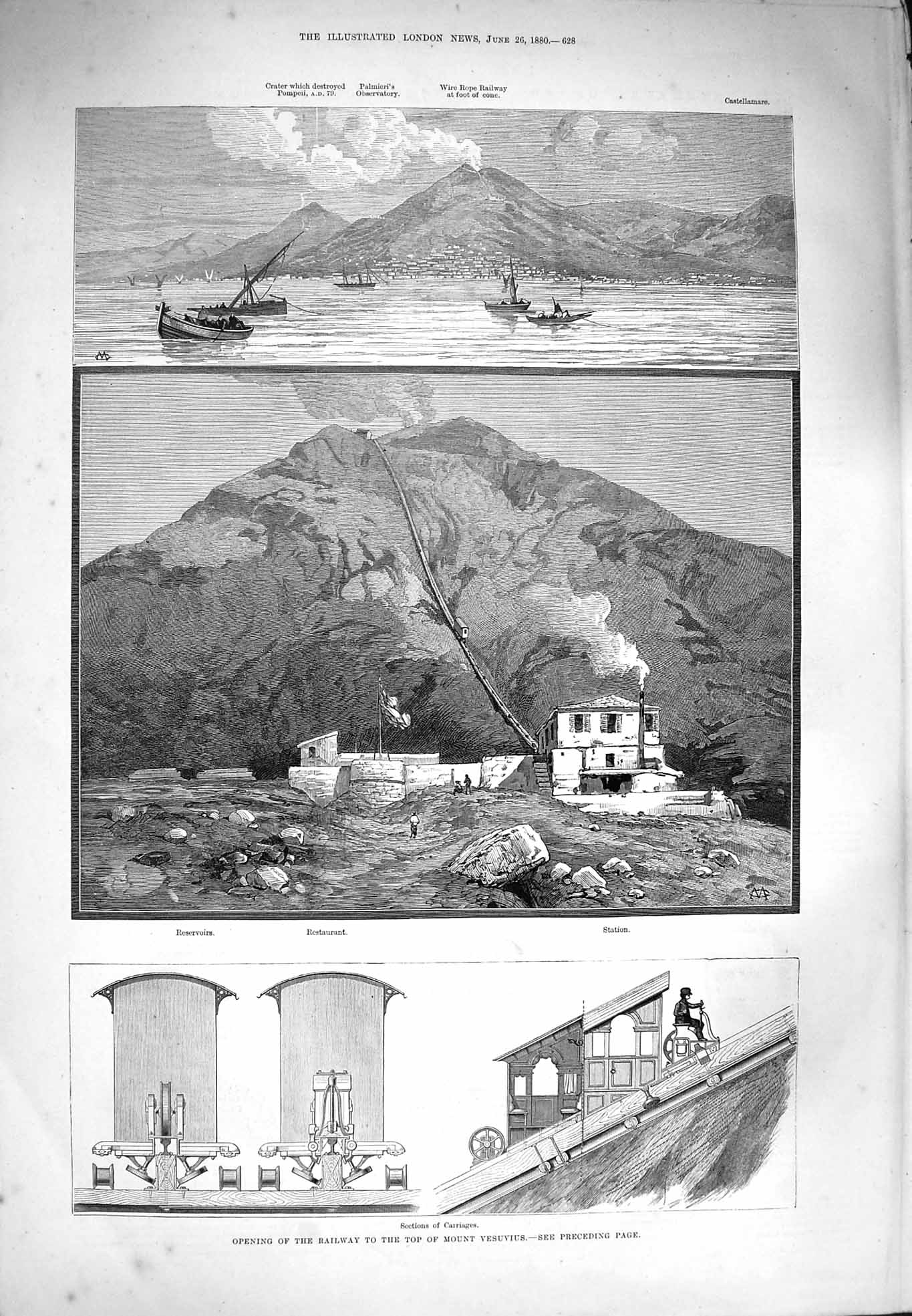 Original Old Antique Print 1880 Railway Mount Vesuvius Observatory Caste 19th