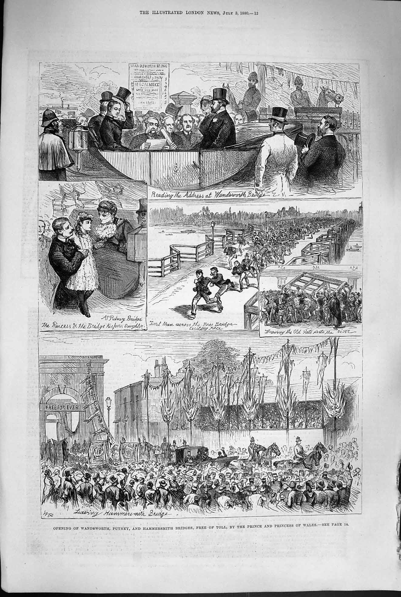 Antique Print *3336 1880 Wandsworth Putney Hammersmith Bridge Prince Wales