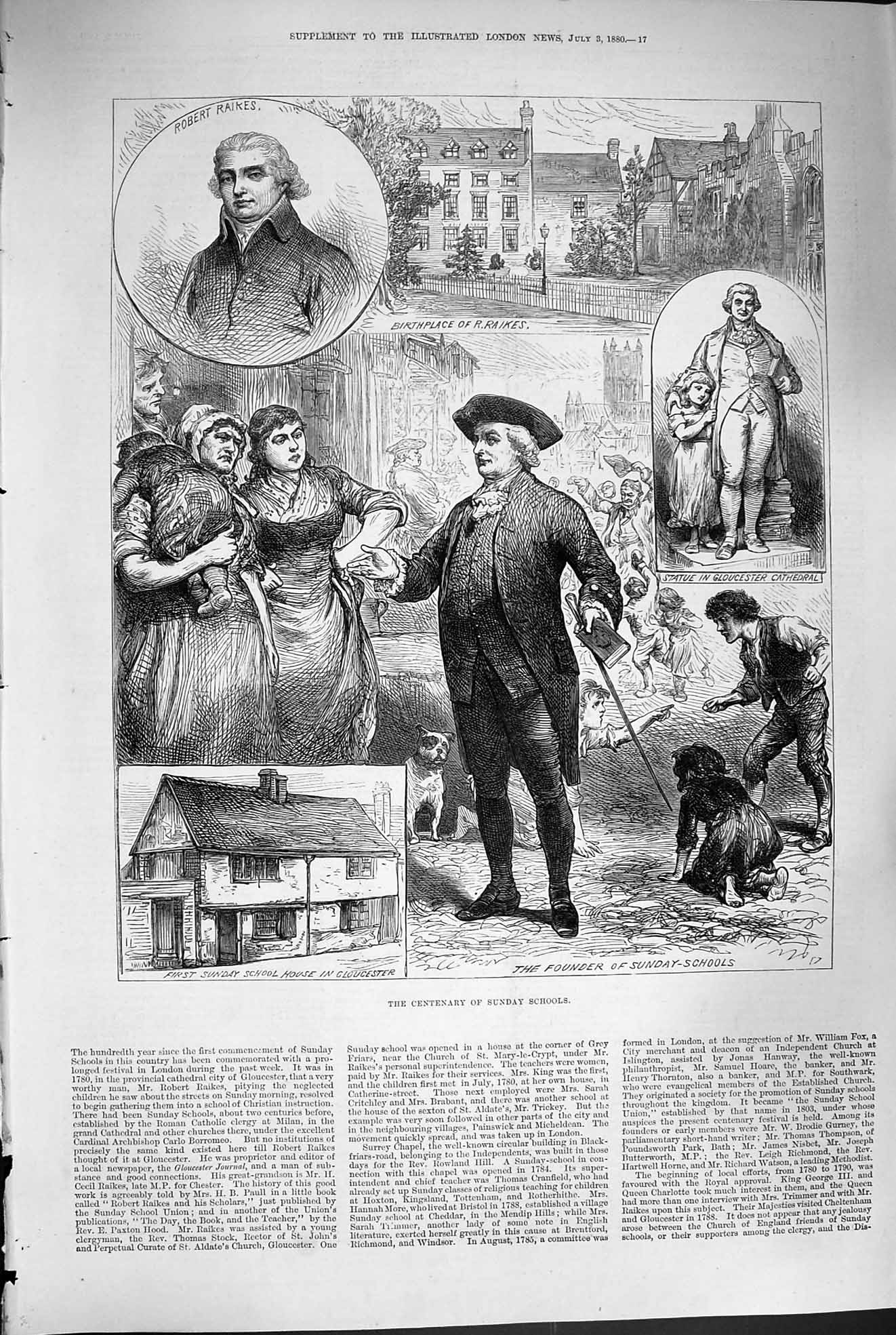 Old Antique Print 1880 Centenary Sunday Schools Robert Raikes Gloucester 19th