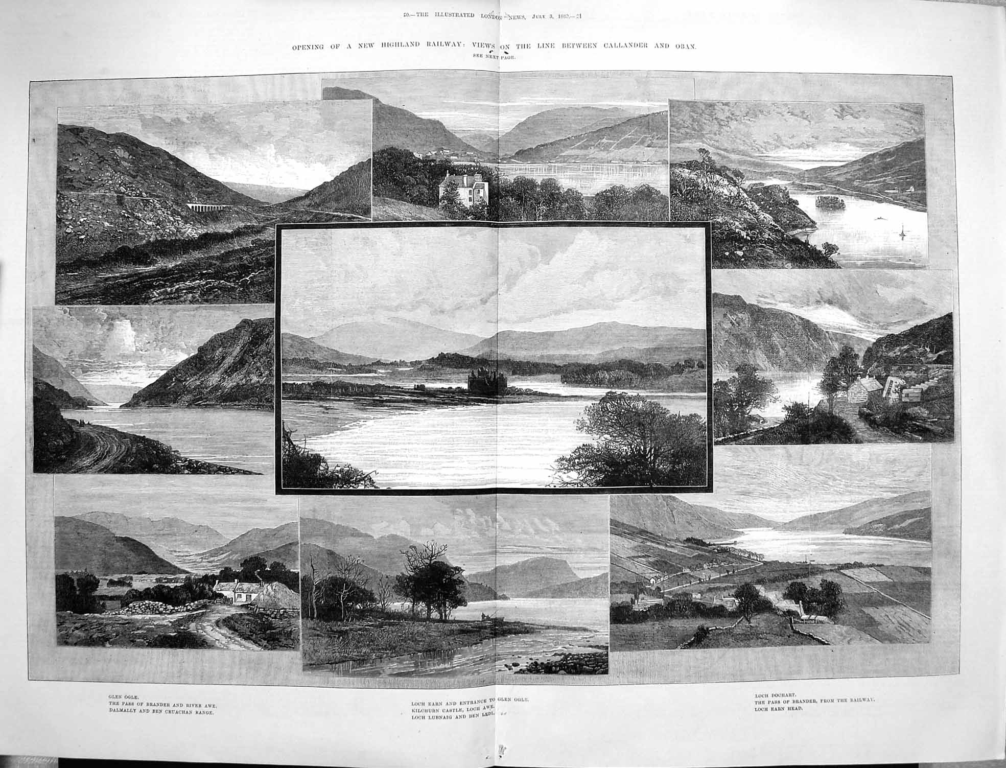 Old Antique Print 1880 Scotland Railway Loch Earn Kilchurn Castle Ogle 0 19th