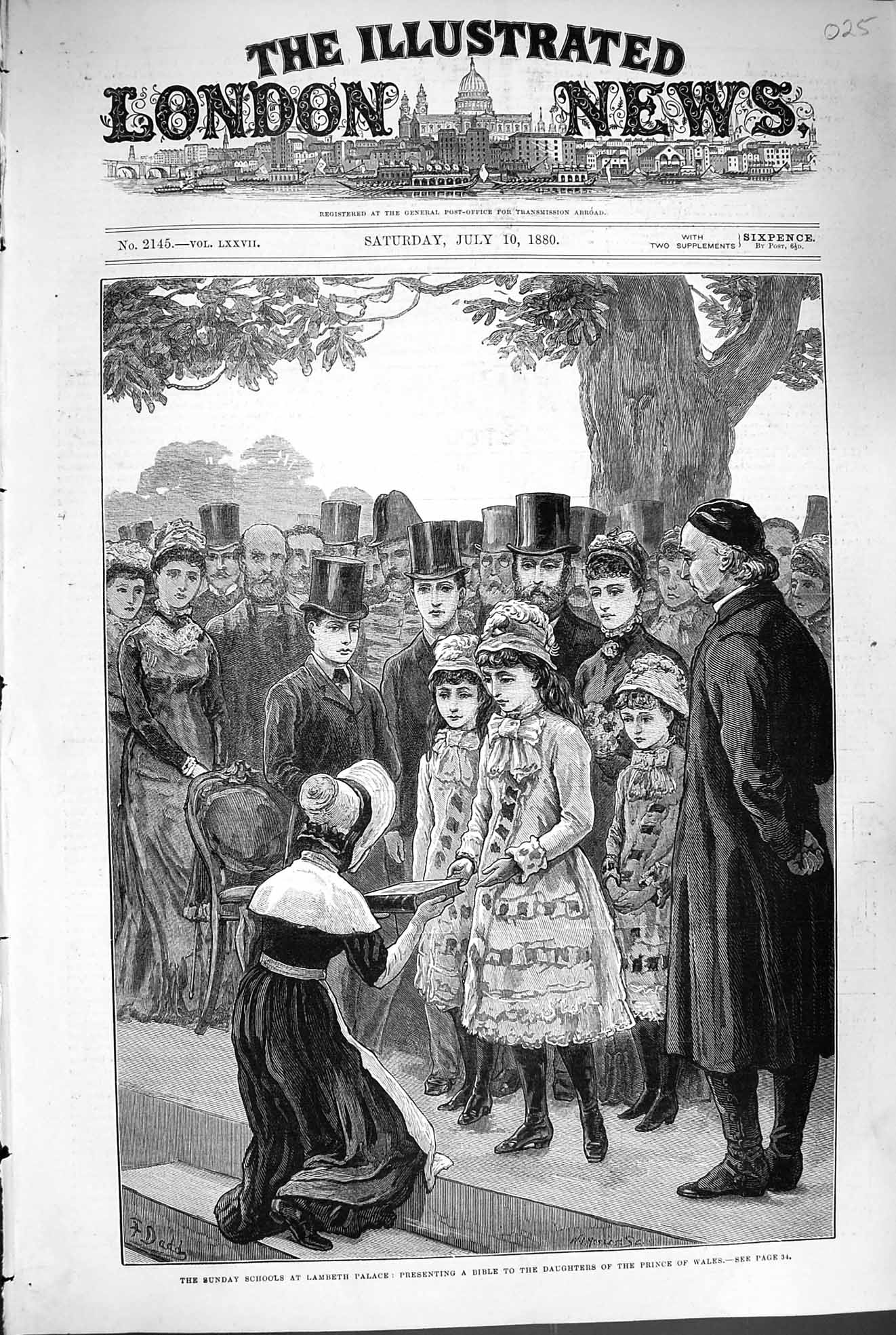 Original Old Antique Print 1880 Sunday School Lambeth Palace Bible Prince Wales