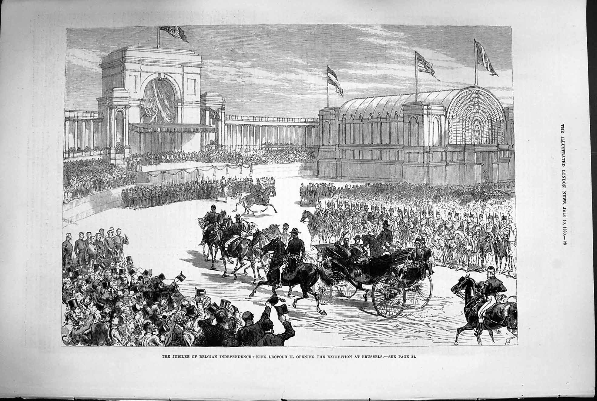 Antique Old Print *3335 1880 Jubilee Belgian Independence King LeopBrussels