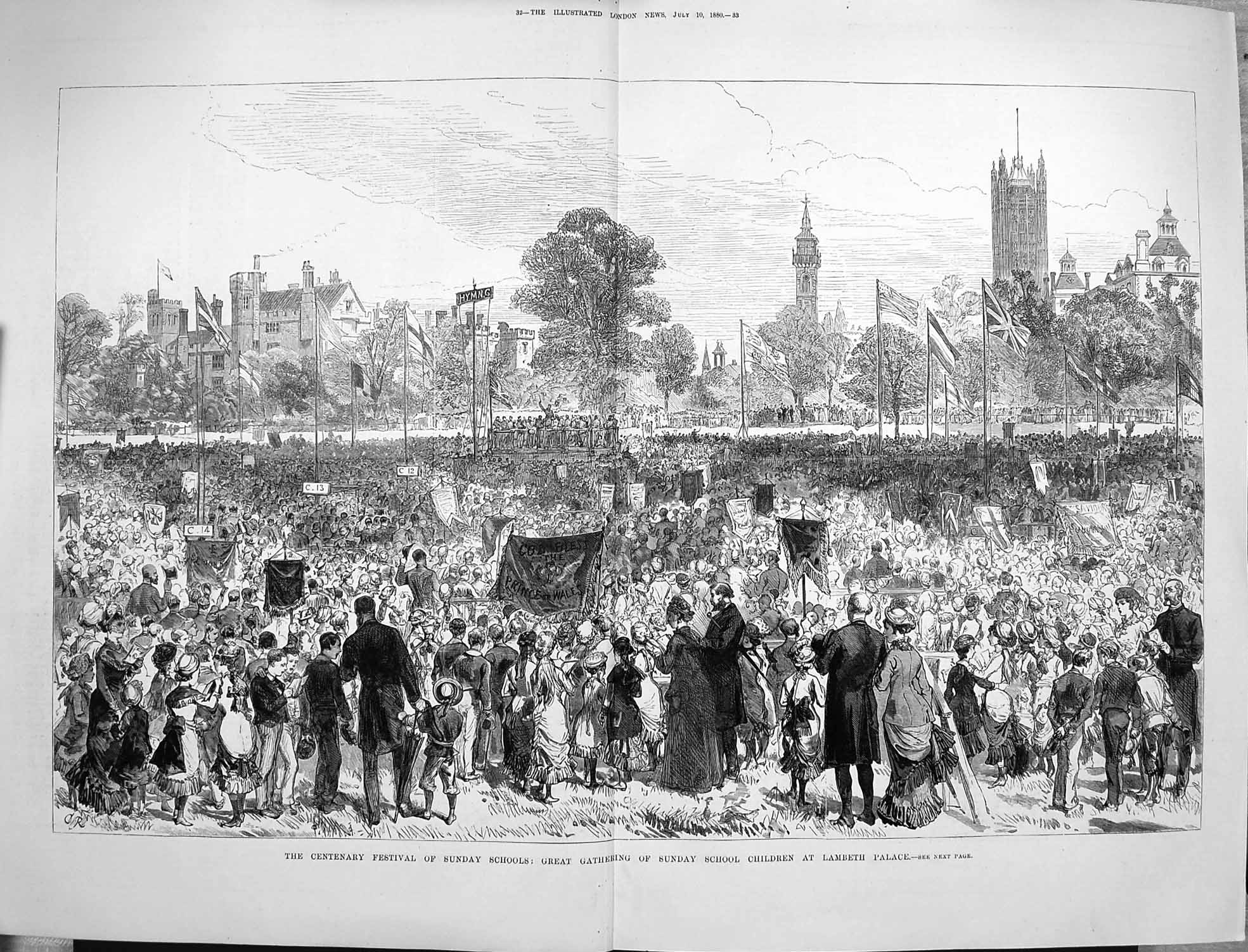 Old Antique Print 1880 Sunday Schools Festival Children Lambeth Palace 0 19th