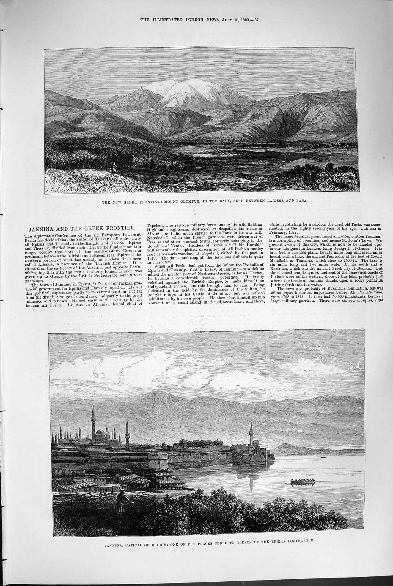 Original Old Antique Print 1880 Mount Olympus Thessaly Larissa Jannina Victorian