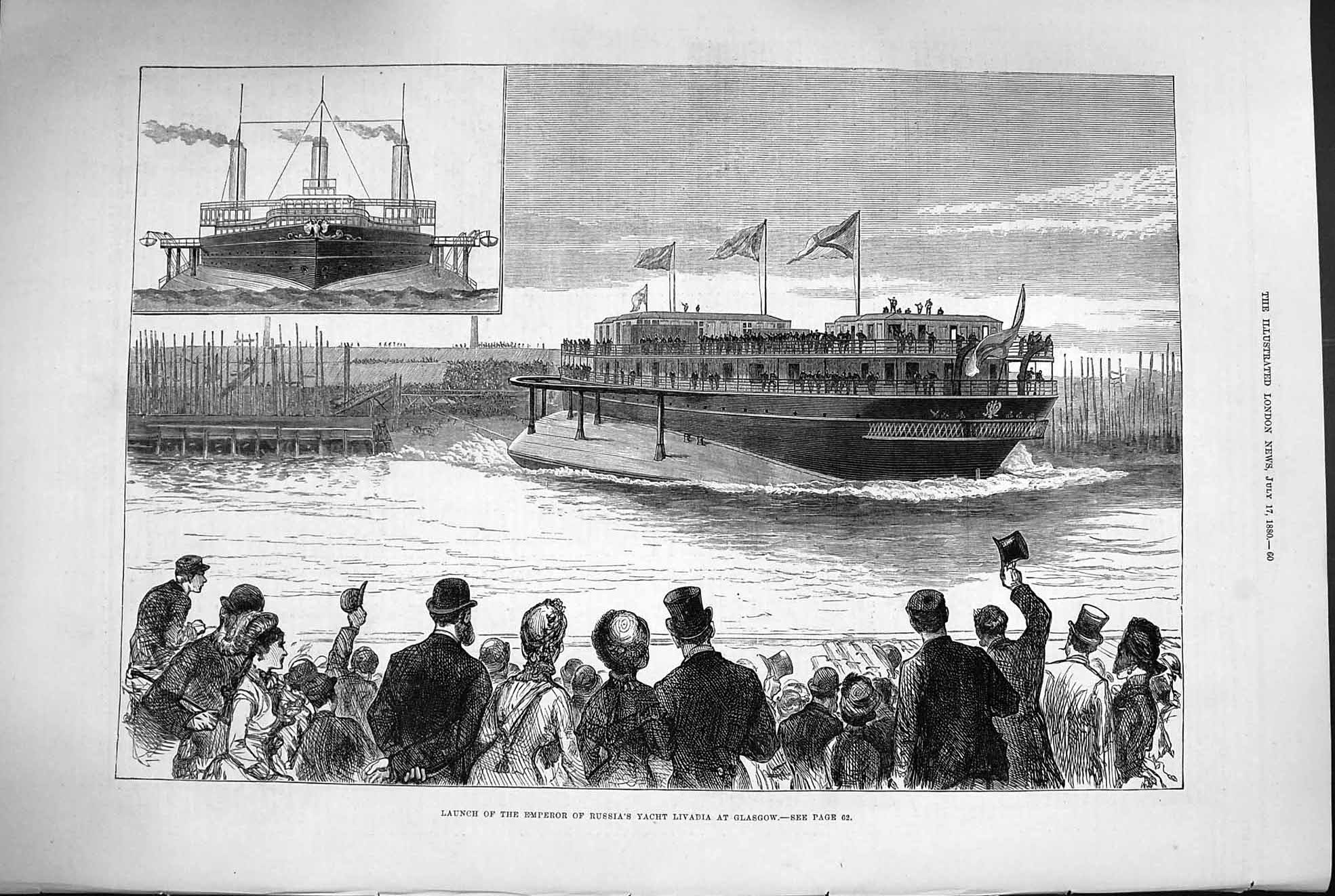 Old Antique Print 1880 Launch Emperor Russia Yacht Ship Livadia Glasgow 19th
