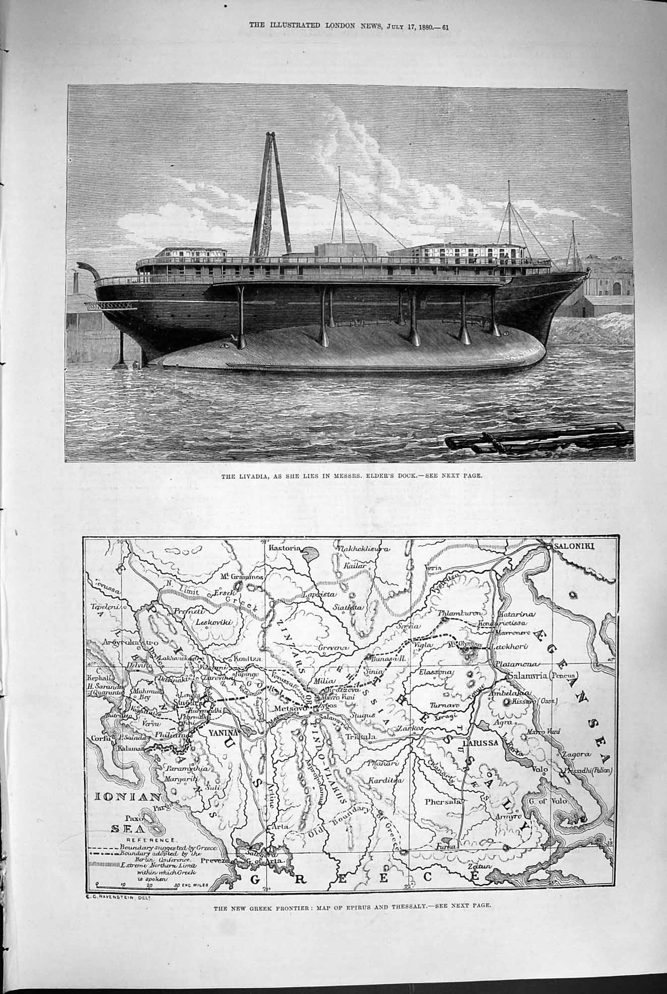 Original Old Antique Print 1880 Livadia Ship Elder'S Dock Map Epirus T Victorian