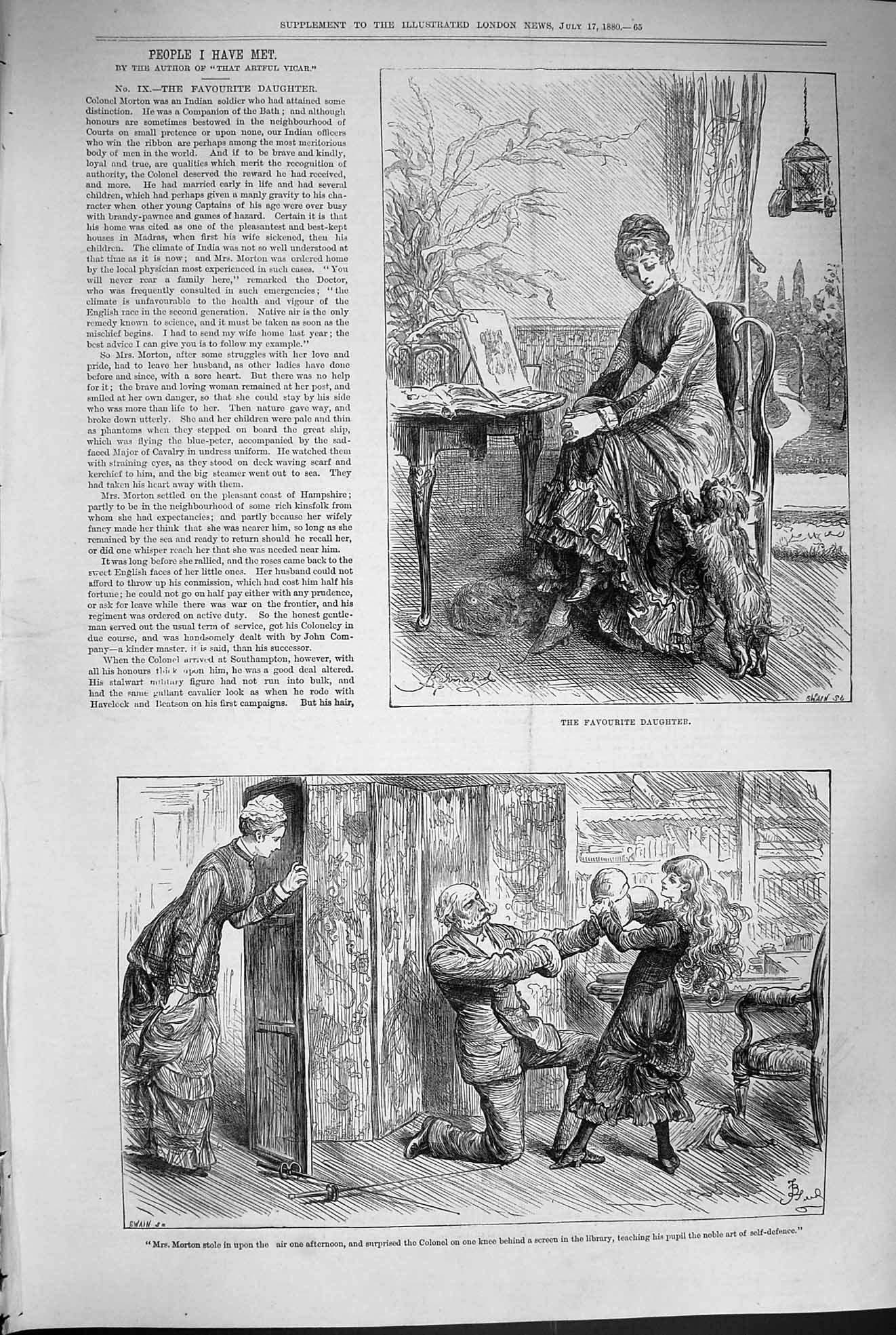 Original Old Antique Print 1880 People I Have Met Favourite Daughter Morton Man