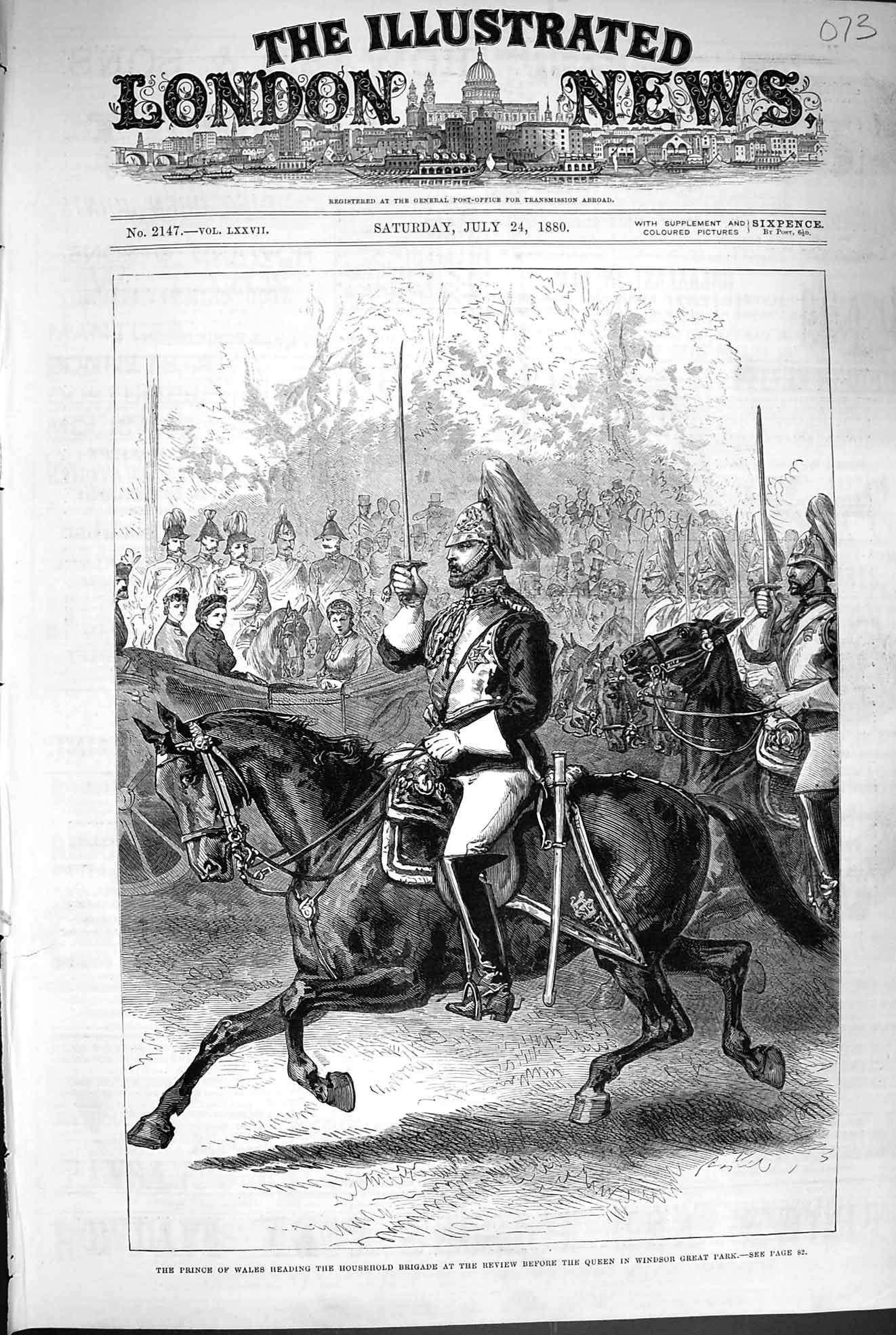 Original Old Antique Print 1880 Prince Wales HousehBrigade Queen Windsor Park