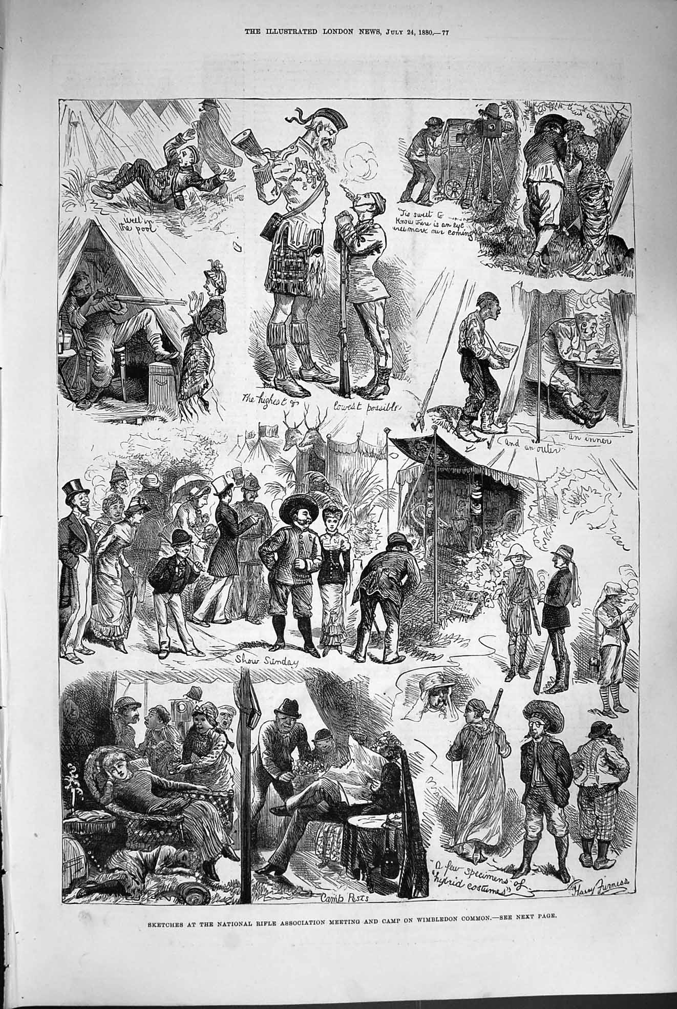 Original Old Antique Print 1880 National Rifle Meeting Wimbledon Common Sport