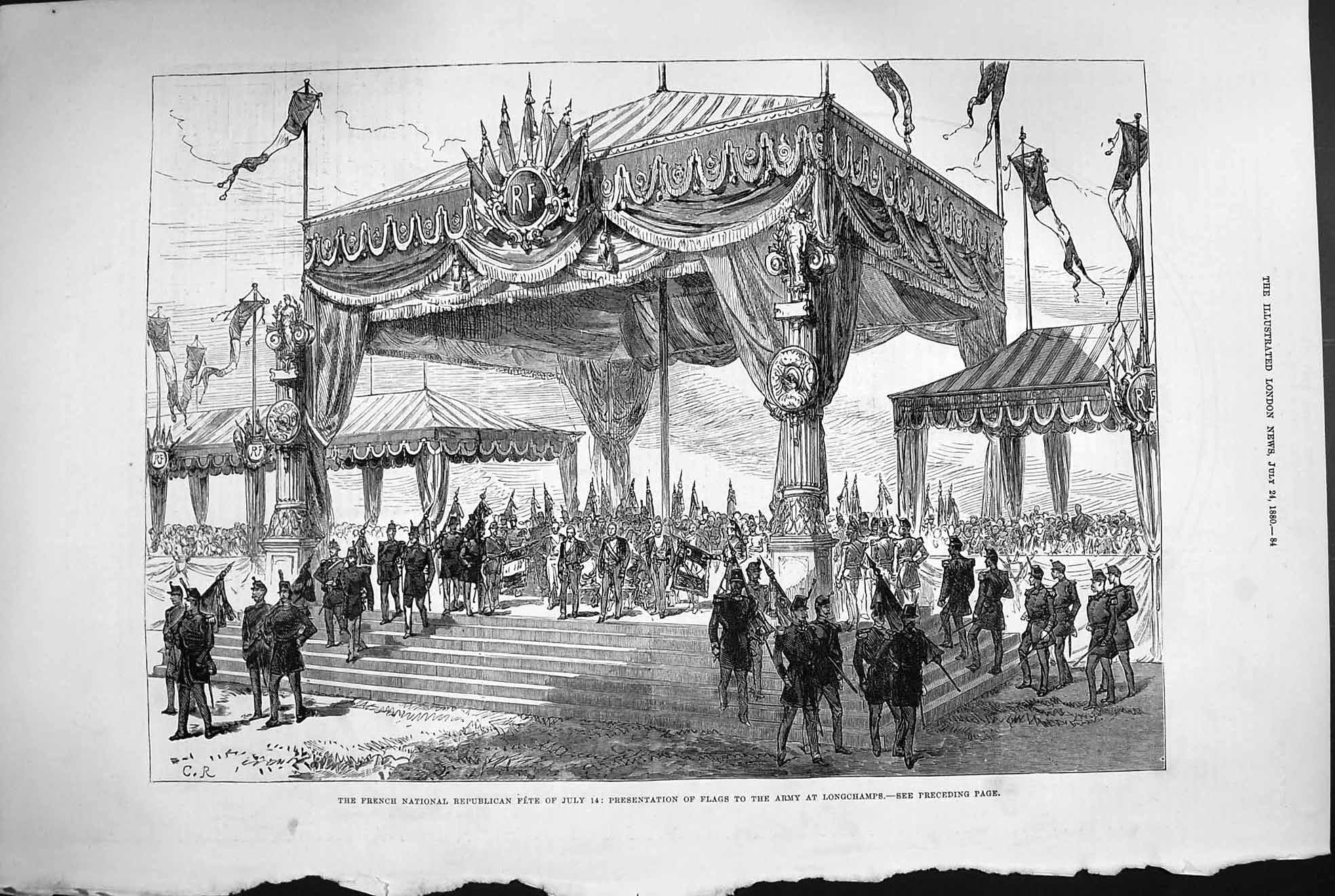 Old Antique Print 1880 French Republican Fete July Flags Army Longchamps 19th