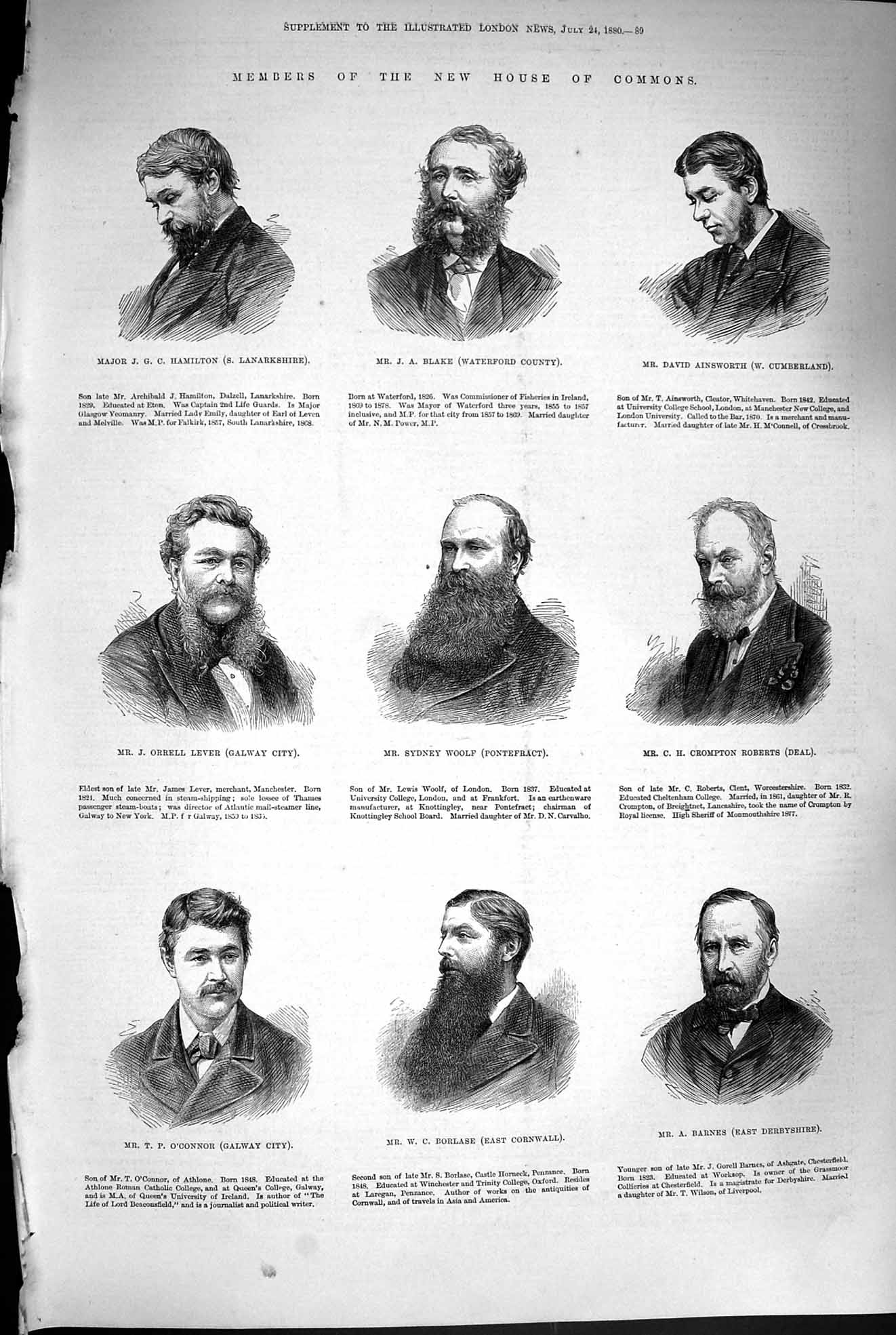 Old Antique Print 1880 House Commons Hamilton Blake Ainsworth Woolf Lever 19th
