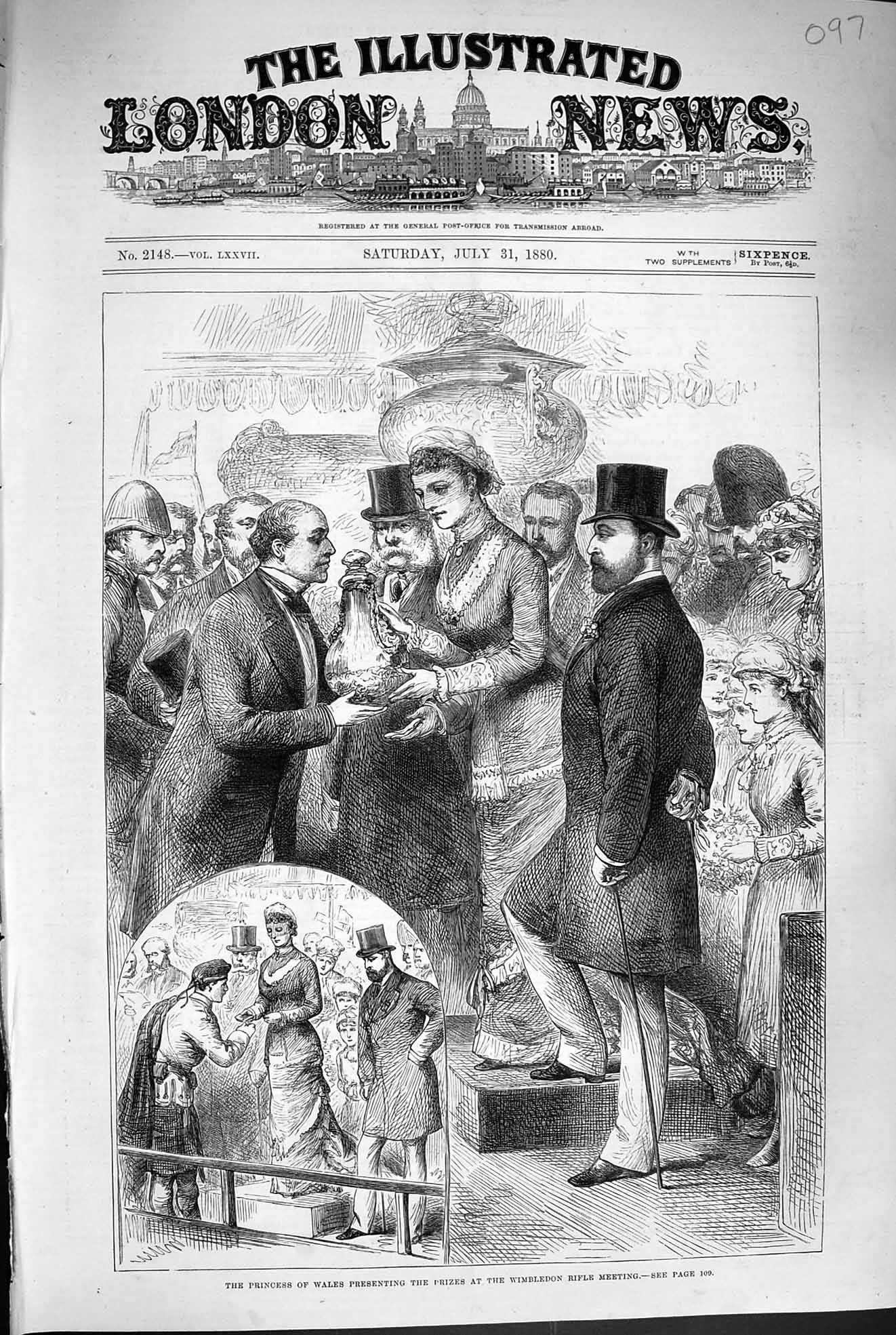Original Old Antique Print 1880 Princess Wales Prizes Wimbledon Rifle Meeting