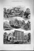 Original Old Antique Print 1880 Kensington House Gardens Lake Architecture Art