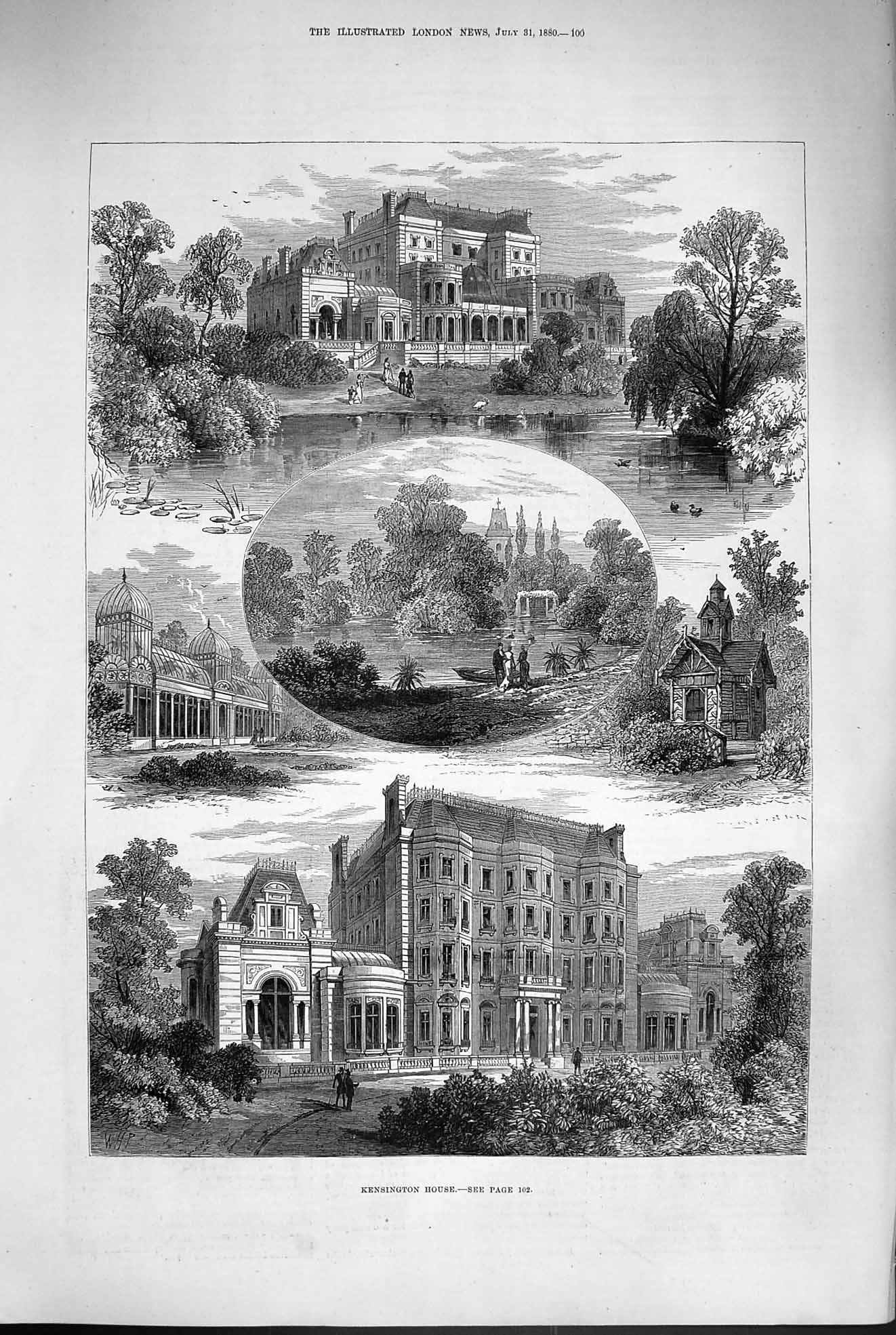 Original Old Antique Print 1880 Kensington House Gardens Lake Architecture Art