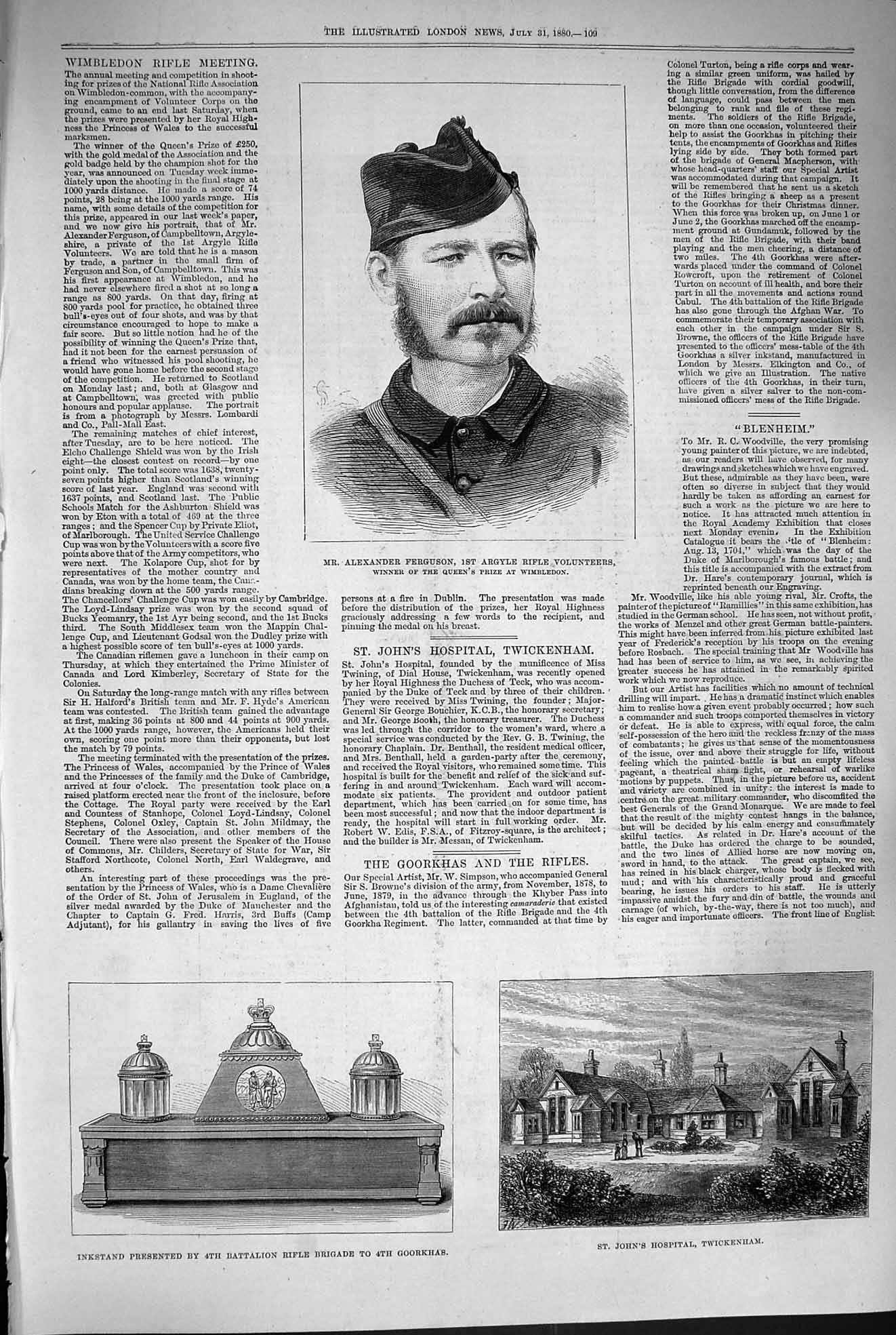 Old Antique Print 1880 Ferguson Argyll Rifle Hospital Twickenham Goorkhas 19th