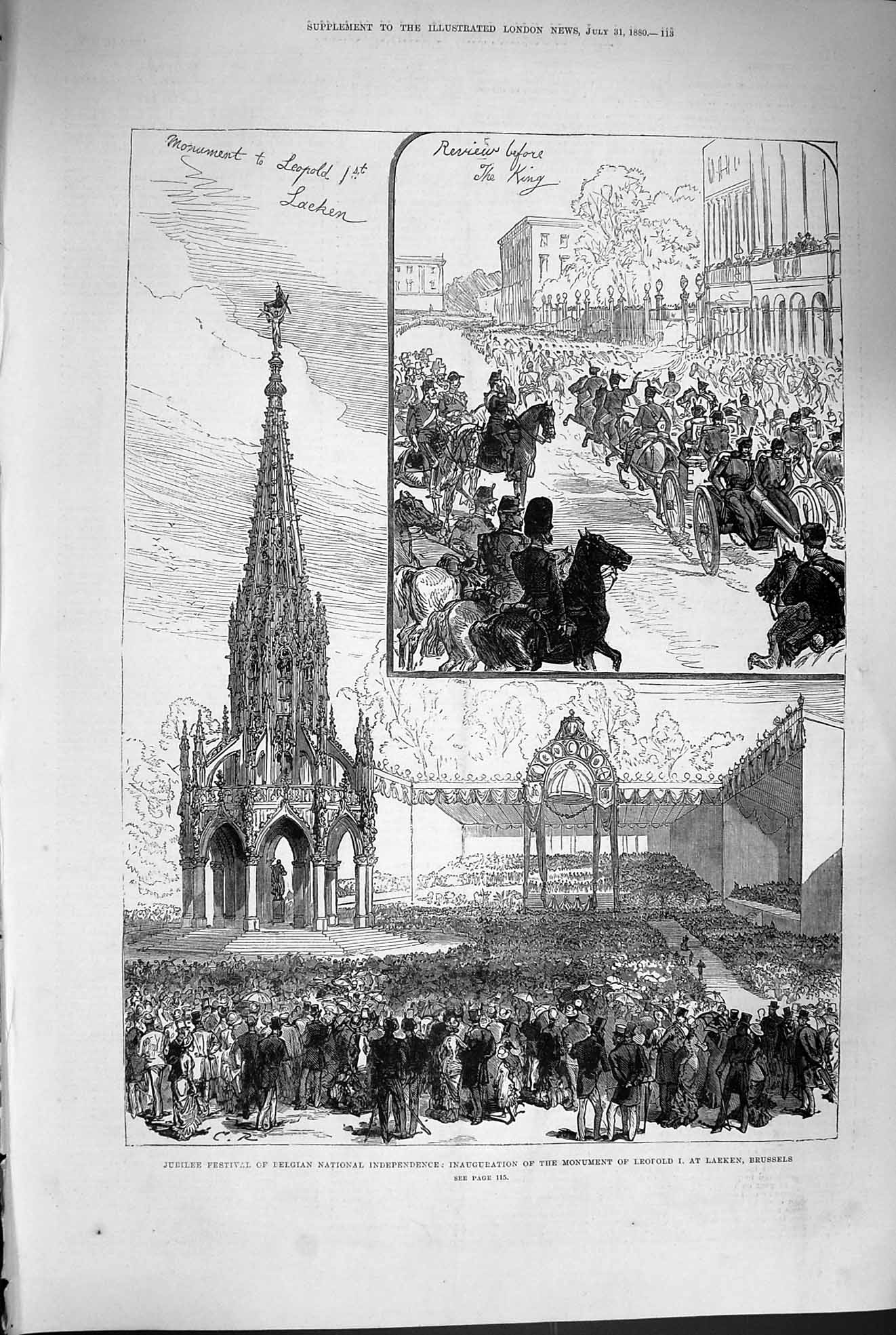 Original Old Antique Print 1880 Jubilee Festival Belgium Monument LeopLaeken