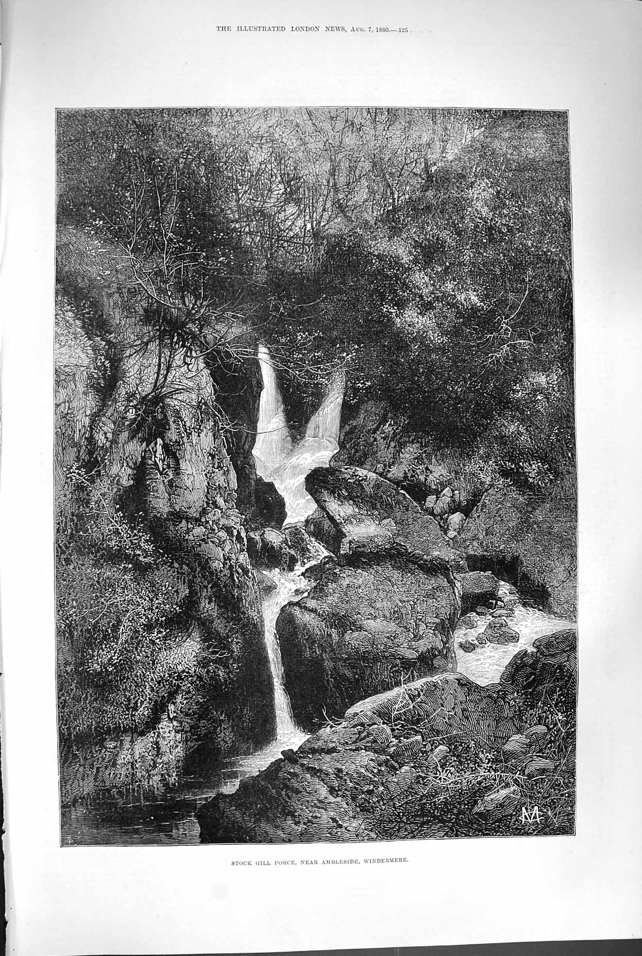 Original Old Antique Print 1880 Stock Gill Force Ambleside Windermere Cumbria