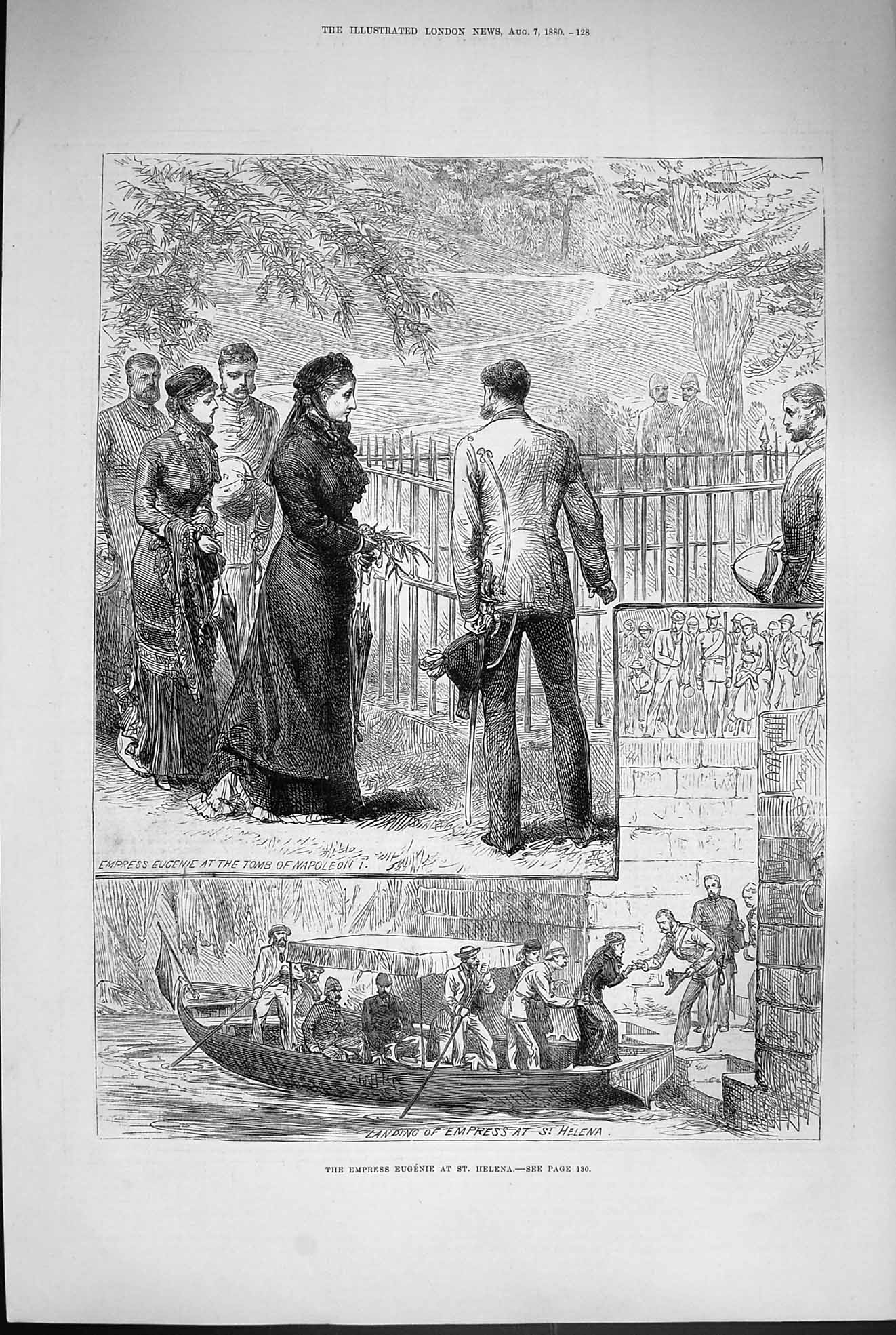 Original Old Antique Print 1880 Empress Eugenie St. Helena Boat Tomb N Victorian