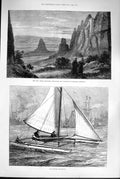 Original Old Antique Print 1880 Duplex Catamaran Rocks Convents Meteora T 19th
