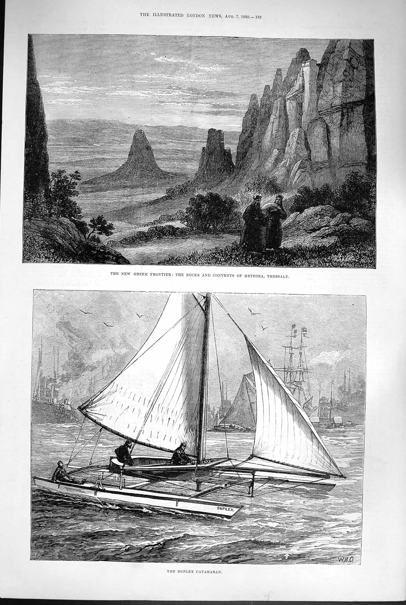 Original Old Antique Print 1880 Duplex Catamaran Rocks Convents Meteora T 19th