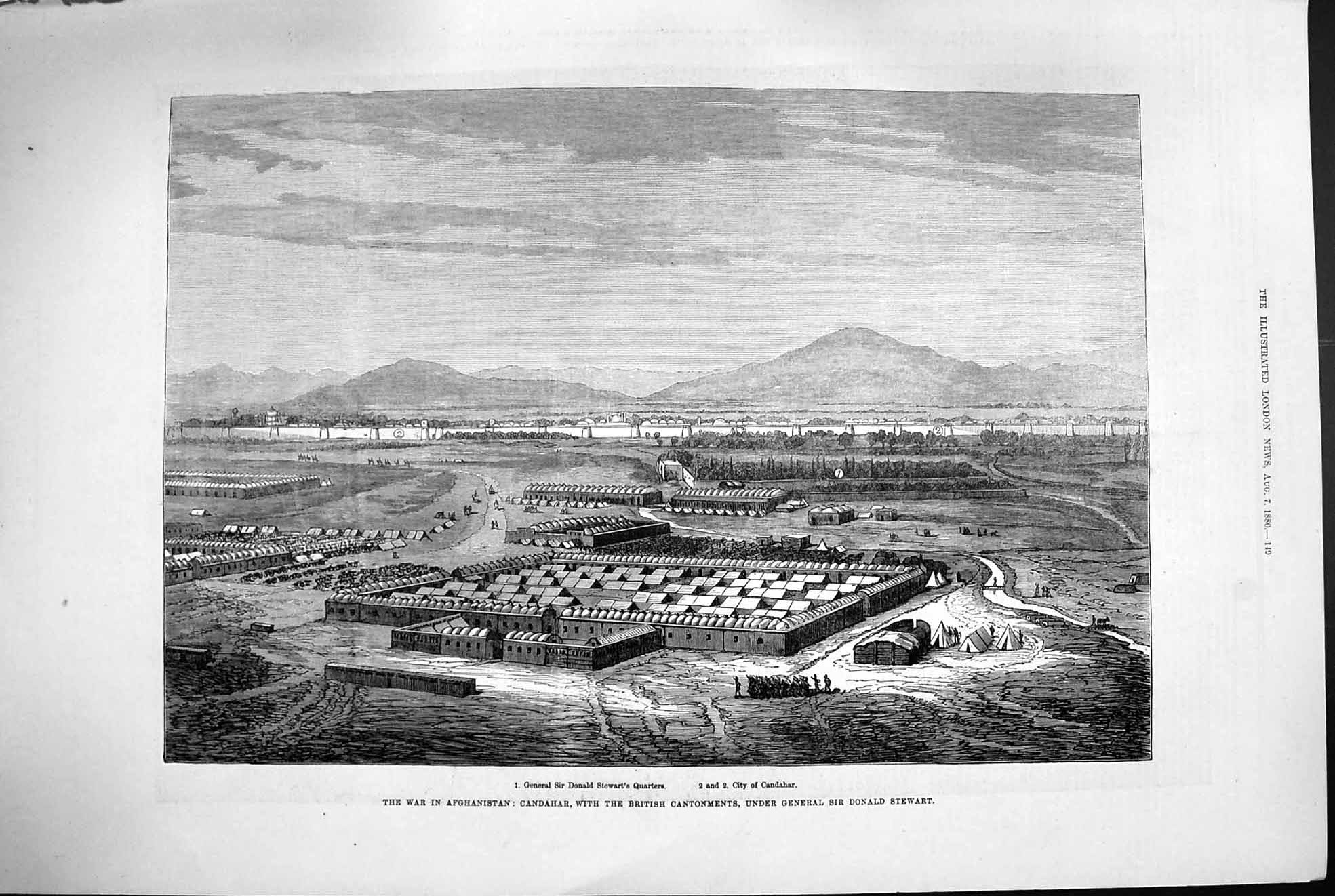 Original Old Antique Print 1880 War Afghanistan Candahar General Donald Stewart