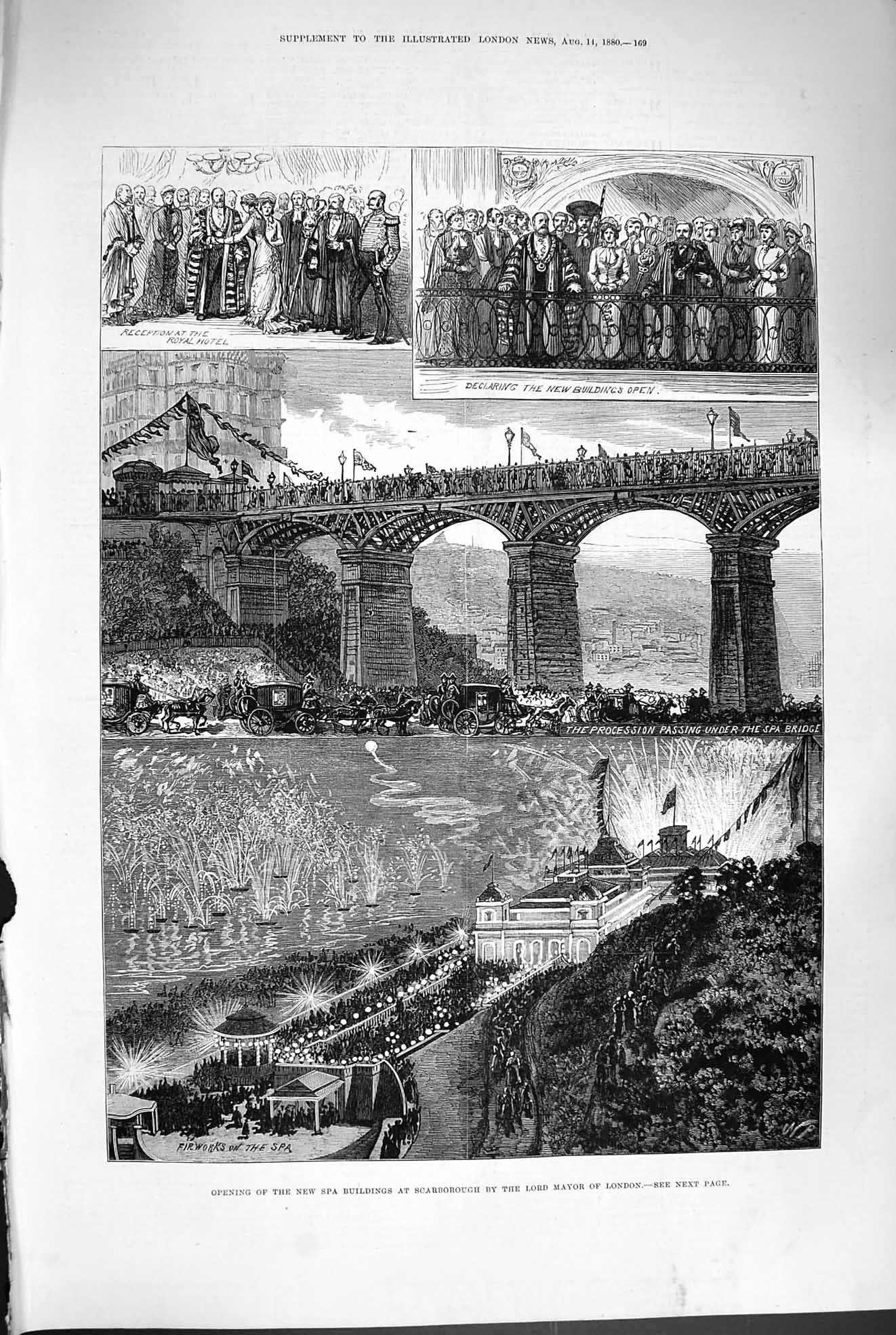 Original Old Antique Print 1880 Spa Buildings Scarborough Lord Mayor London
