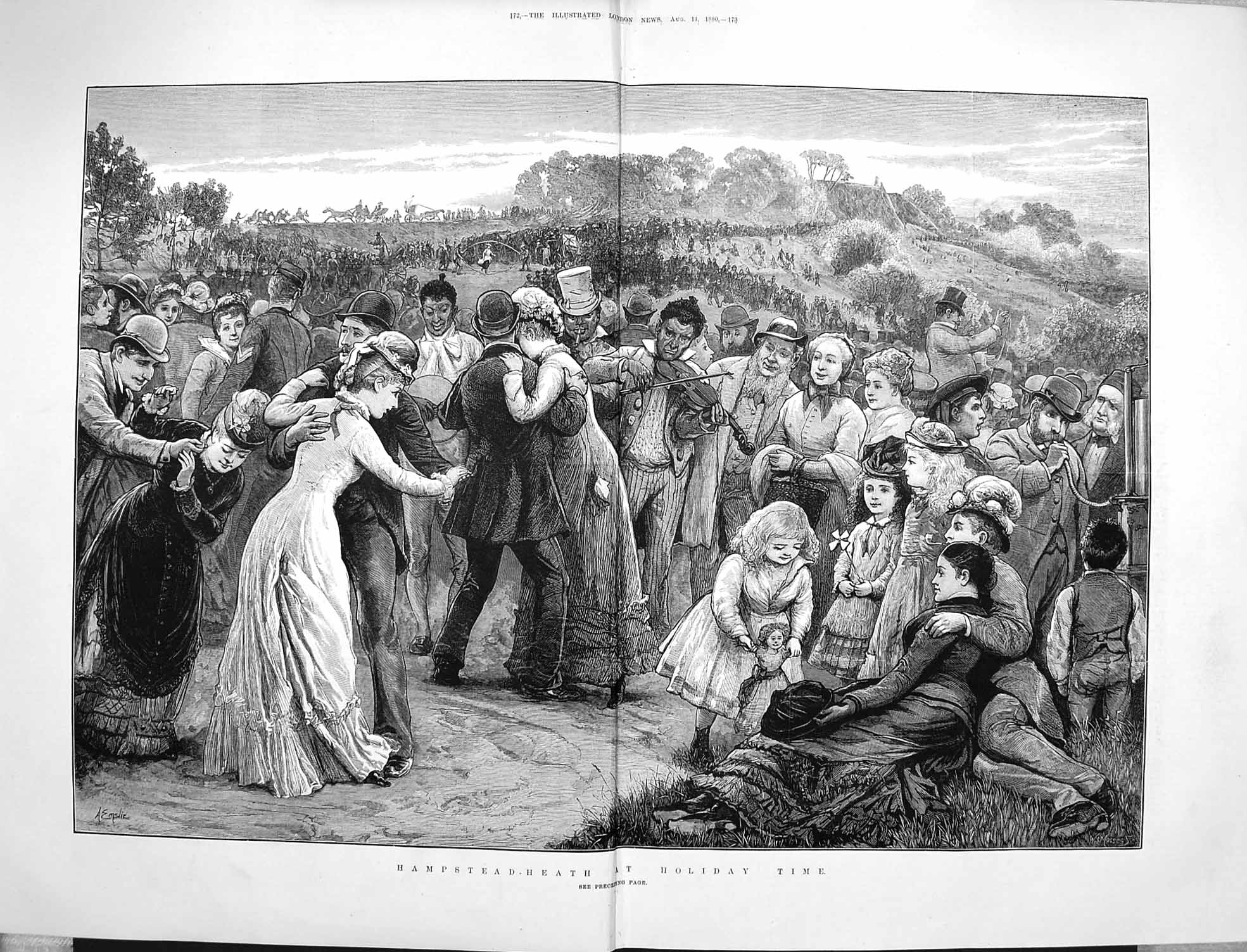 Old Antique Print 1880 Scene Hampstead Heath Holiday Time Dancing Music 19th