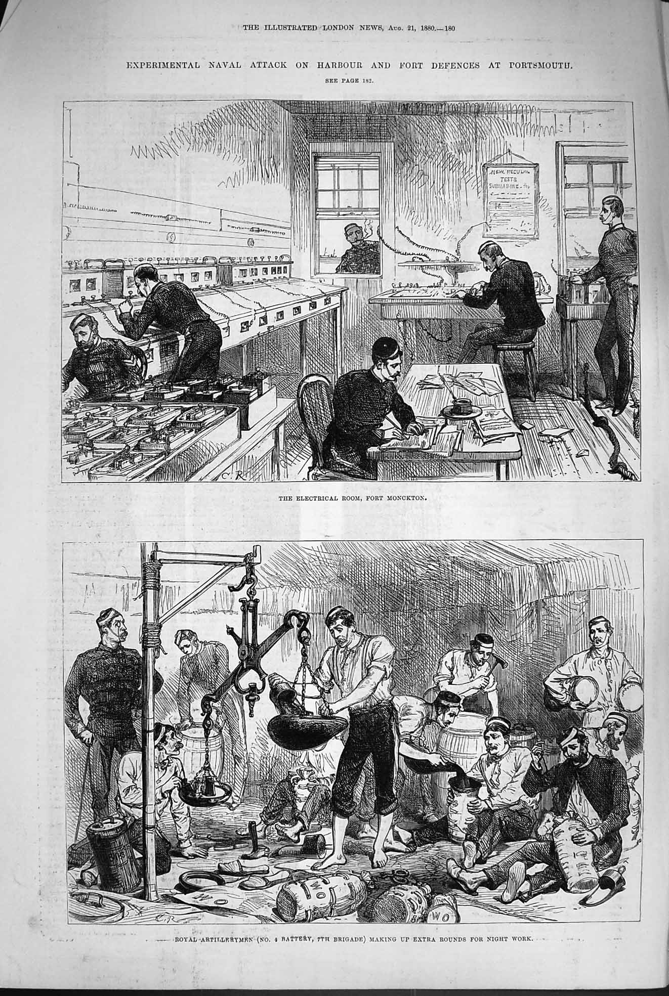 Original Old Antique Print 1880 Portsmouth Naval Experiments Fort Monckton Army