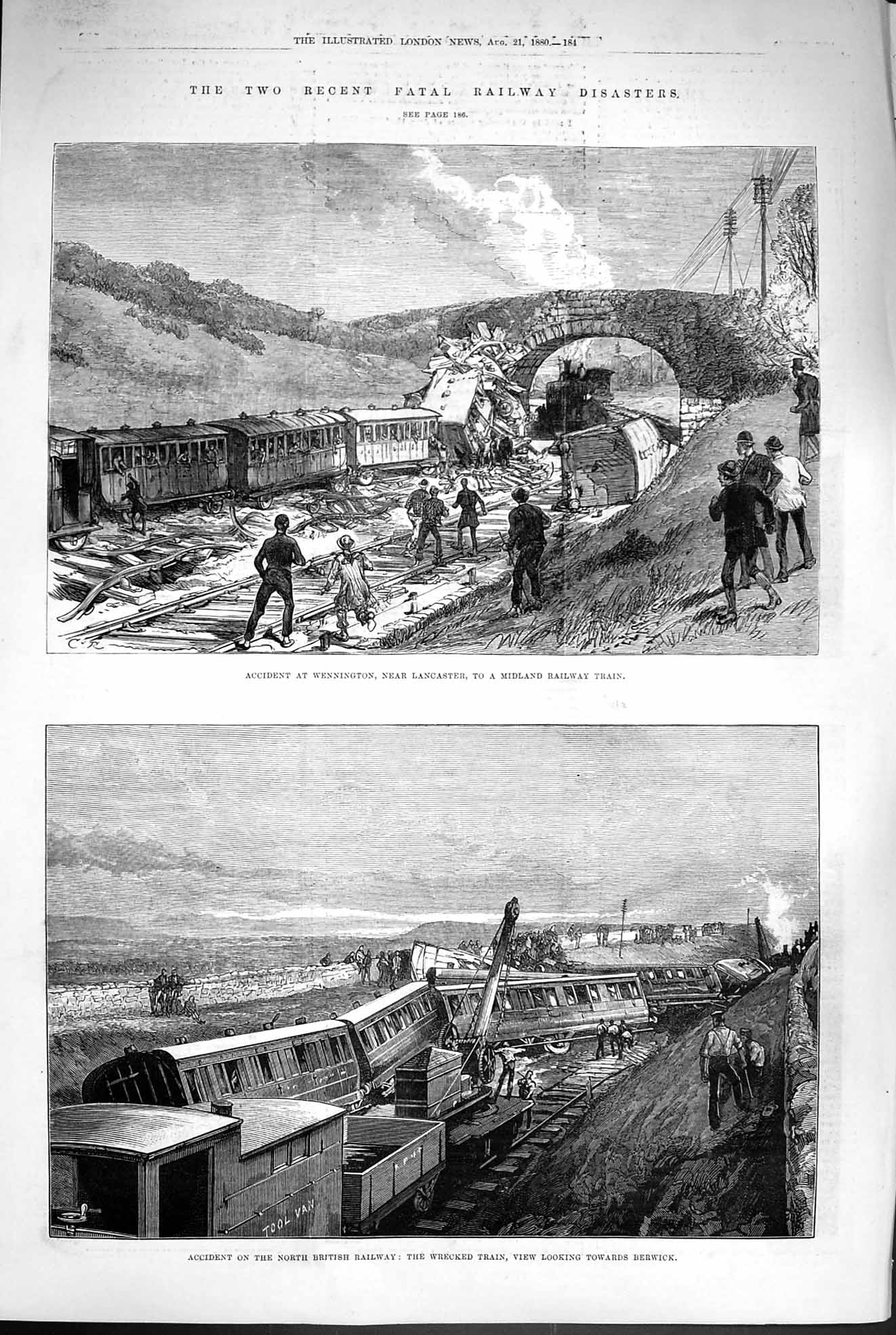 Old Antique Print 1880 Railway Train Crash Wennington Berwick Lancaster 19th