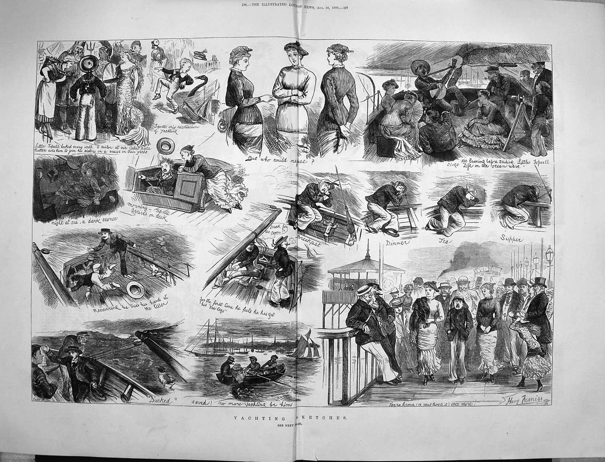 Original Old Antique Print 1880 Yachting Season Sailing Yachts BoatsVictorian