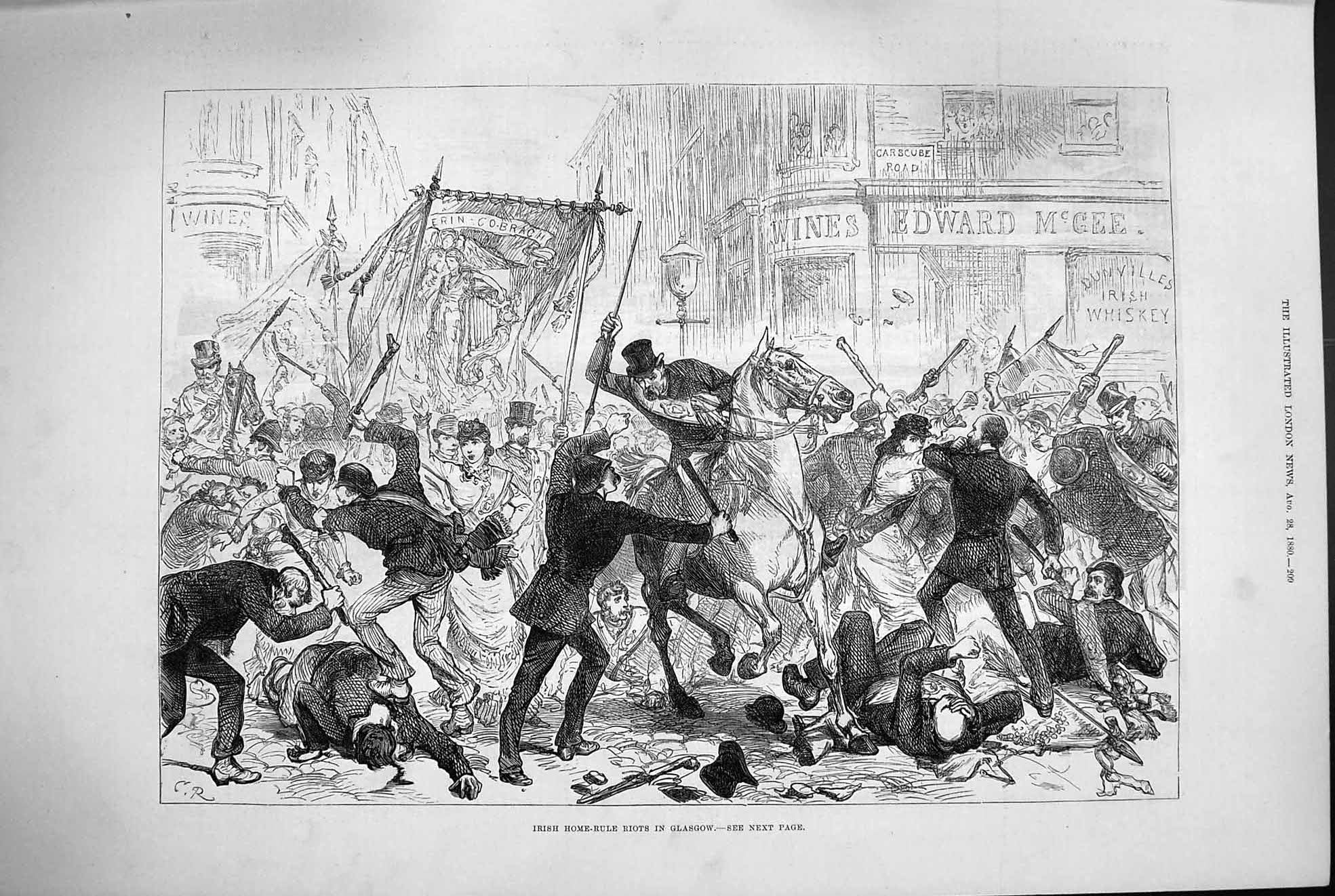 Old Antique Print 1880 Irish Home Rule Riots Glasgow Men Street Fighting 19th