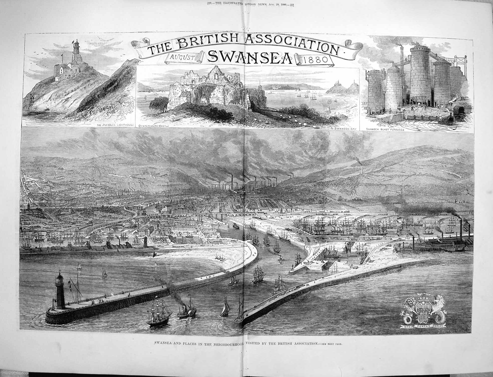 Original Old Antique Print 1880 Swansea Bay Ship Blast Furnaces Mumbles Lig 19th