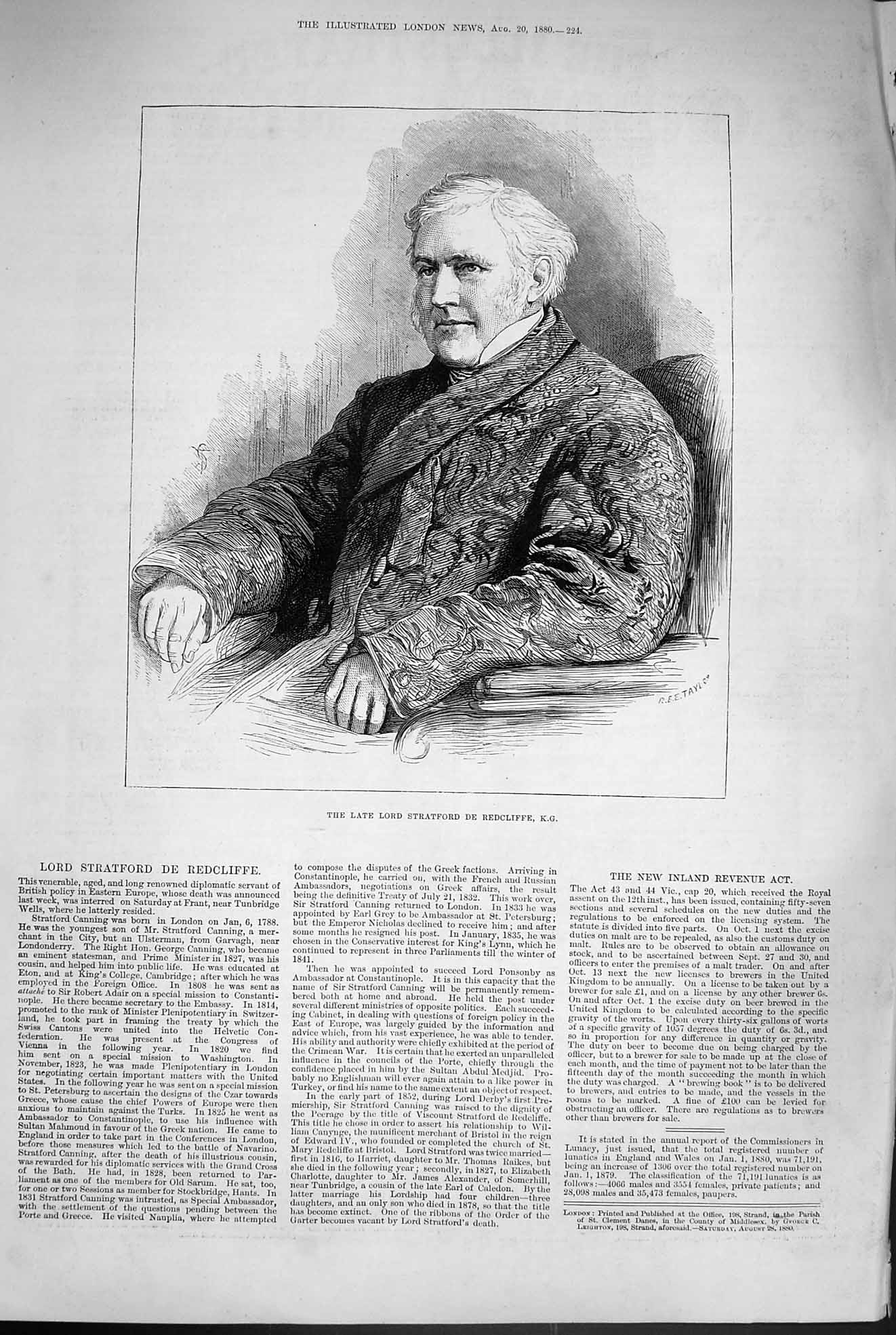 Original Old Antique Print 1880 Portrait Lord Stratford De Redcliffe Victorian