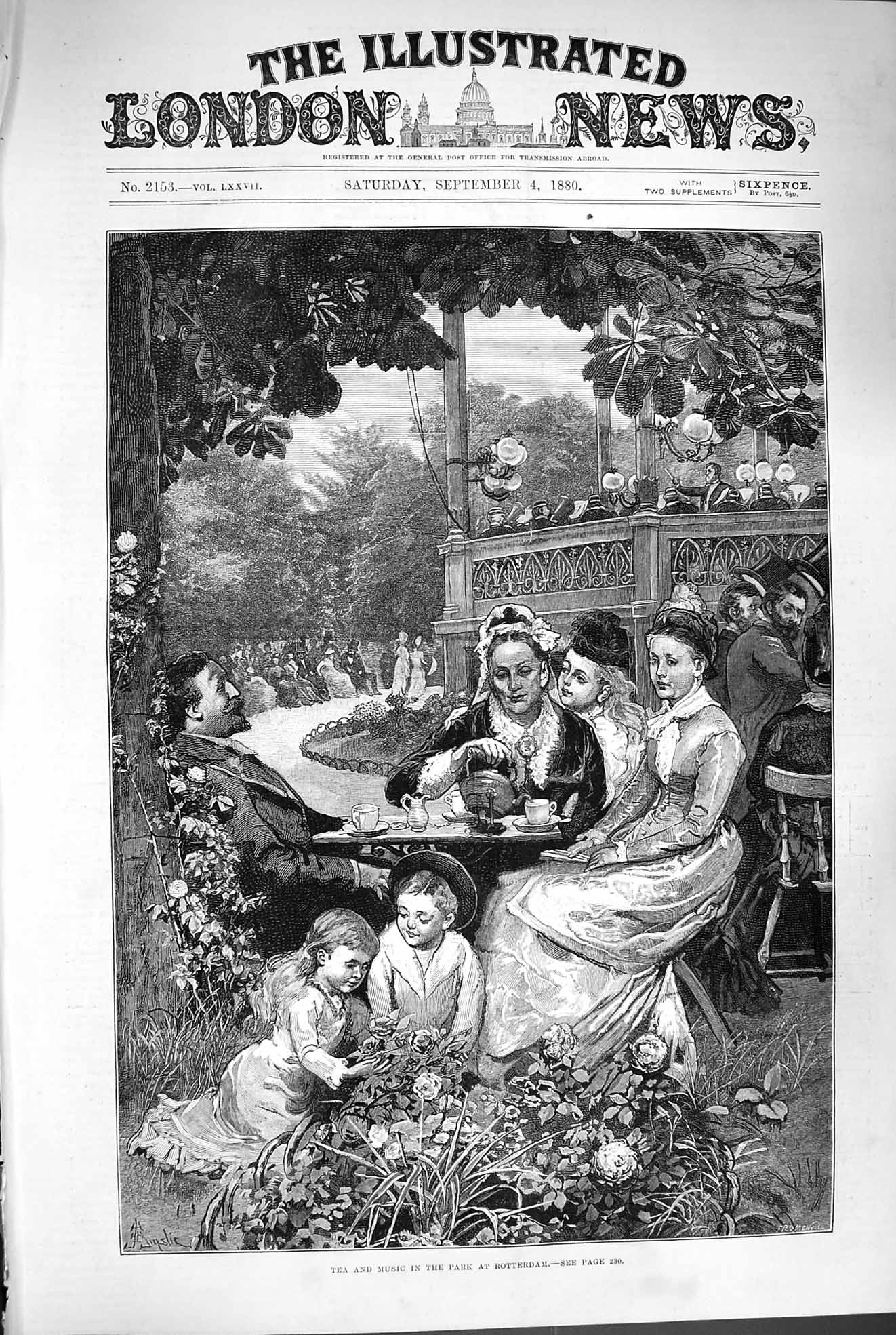 Old Antique Print 1880 Tea Music Park Rotterdam Ladies Children Fine Art 19th
