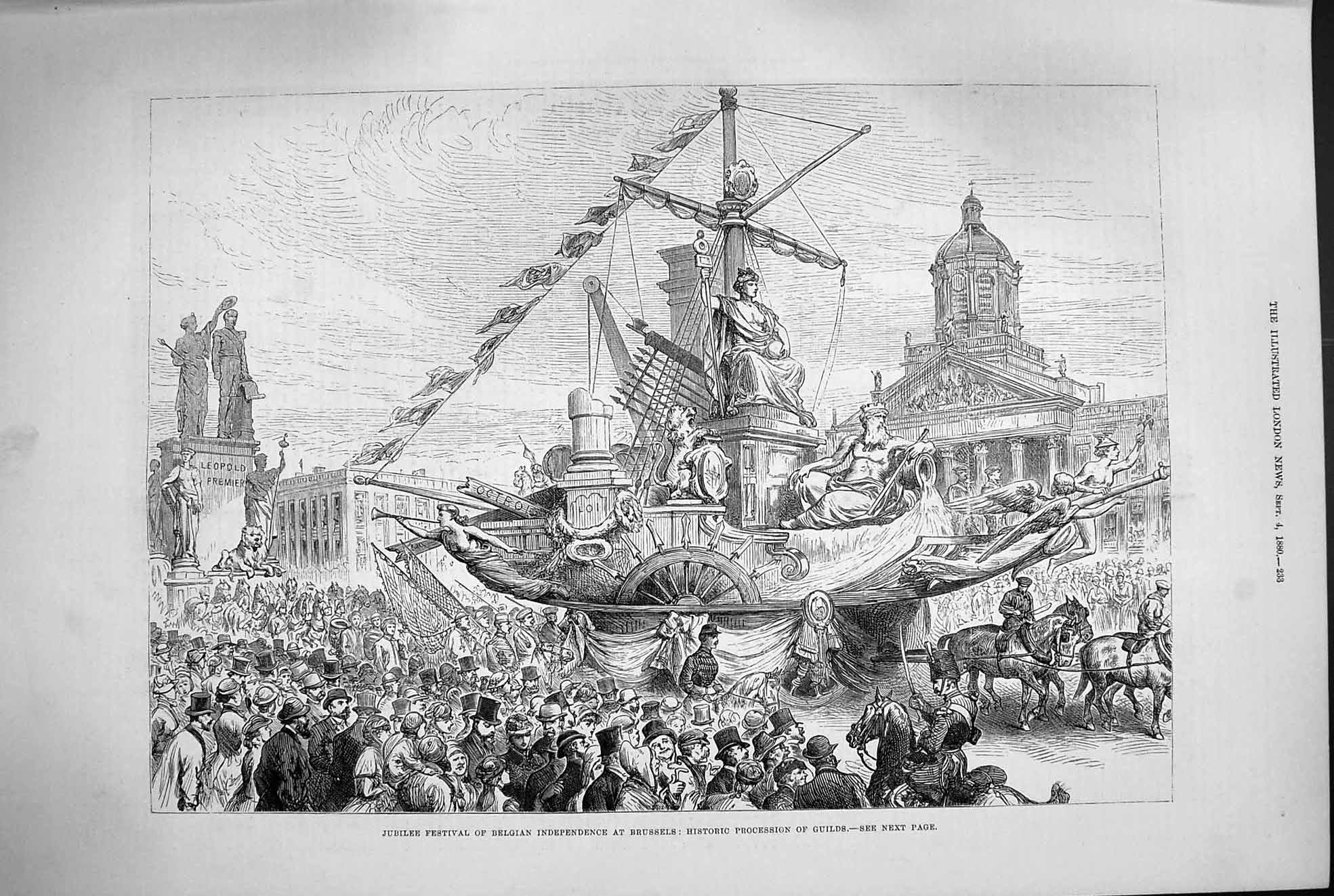 Original Old Antique Print 1880 Jubilee Festival Belgian Independence B 19th
