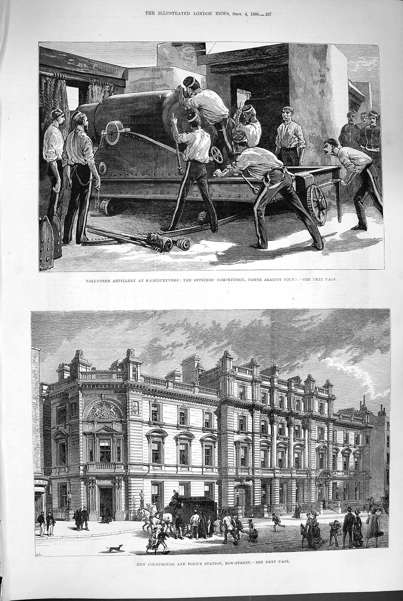 Original Old Antique Print 1880 Courthouse Police Station Bow Shoeburyness Army