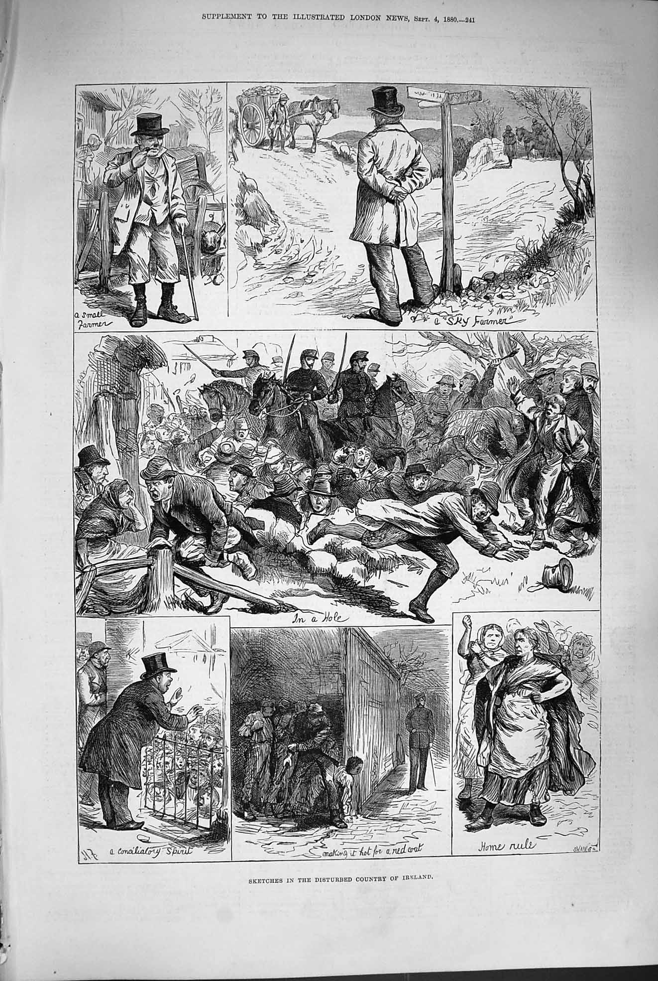 Original Old Antique Print 1880 Ireland Small Farmer Siers Horses Policemen