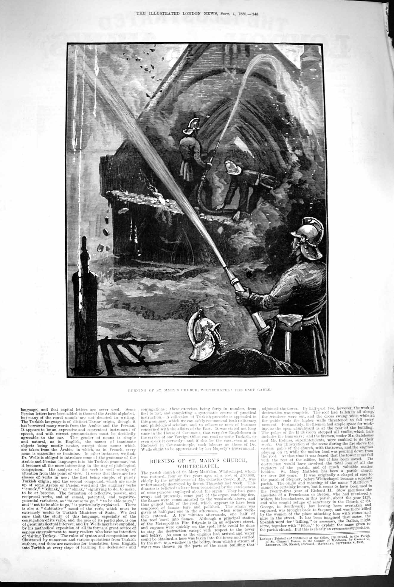 Original Old Antique Print 1880 Burning St. Mary'S Church Whitechapel Firemen
