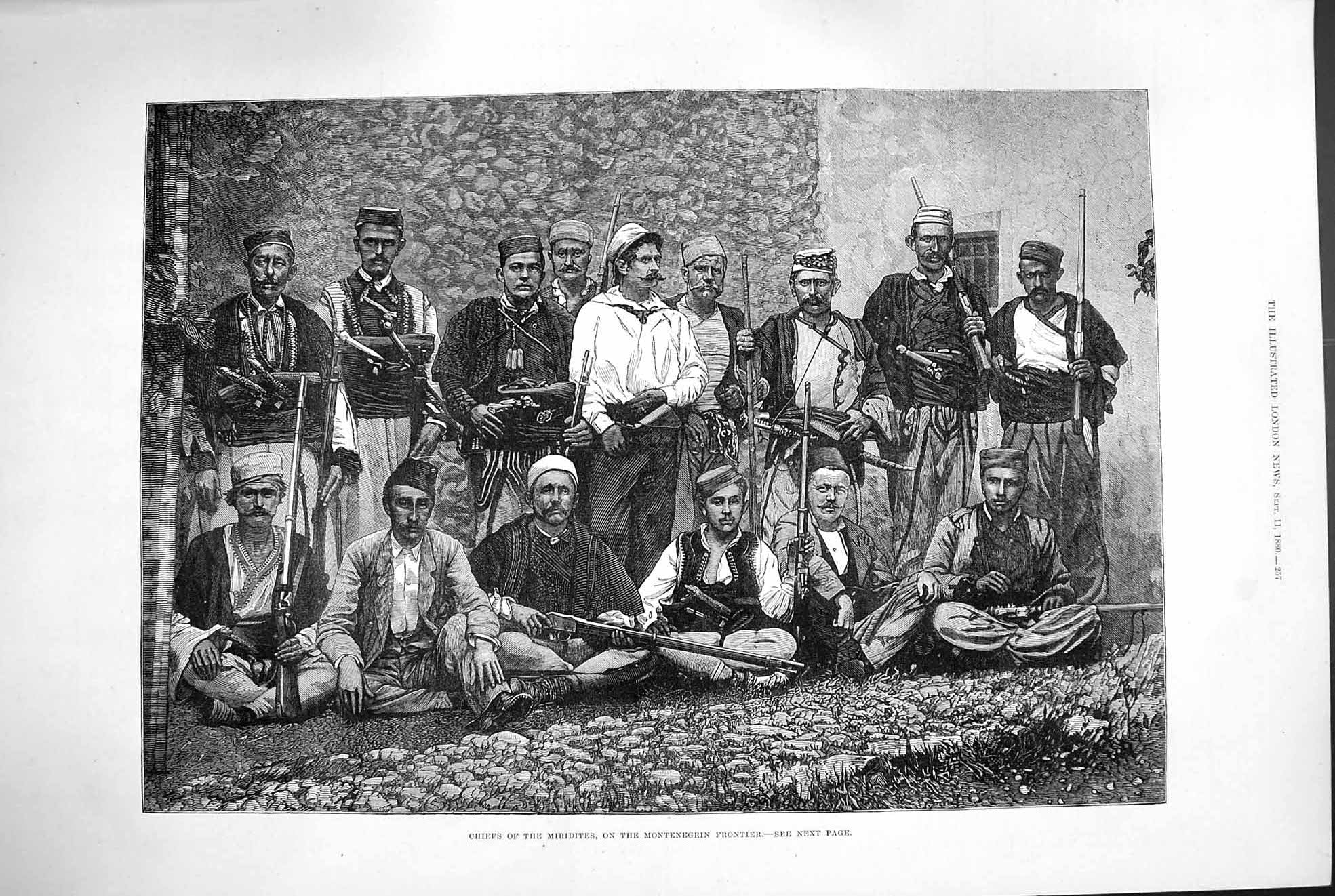 Old Antique Print 1880 Chiefs Miridites Montenegrin Frontier Weapons Art 19th