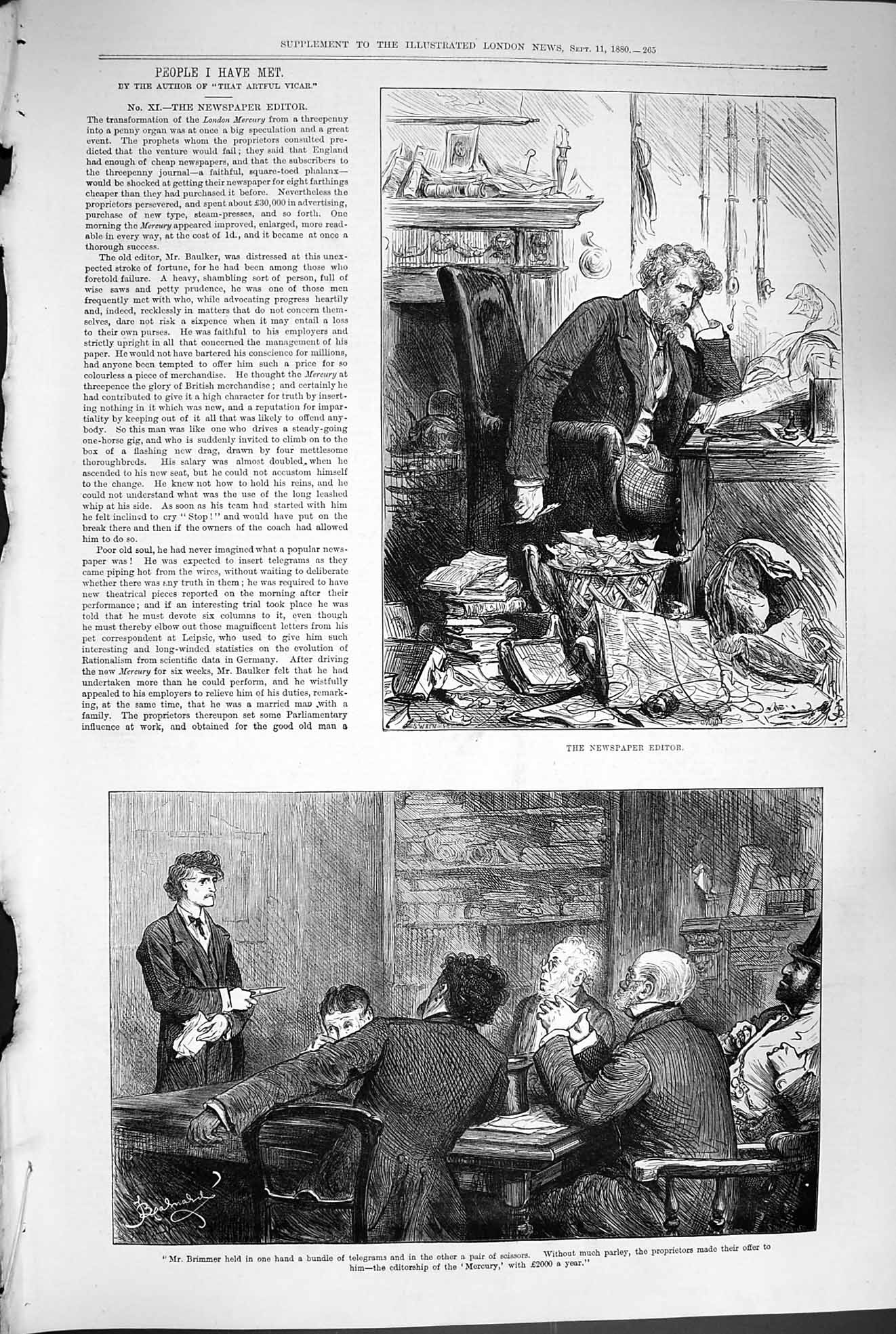Old Antique Print 1880 Newspaper Editor Brimmer Men Meeting People I Met 19th