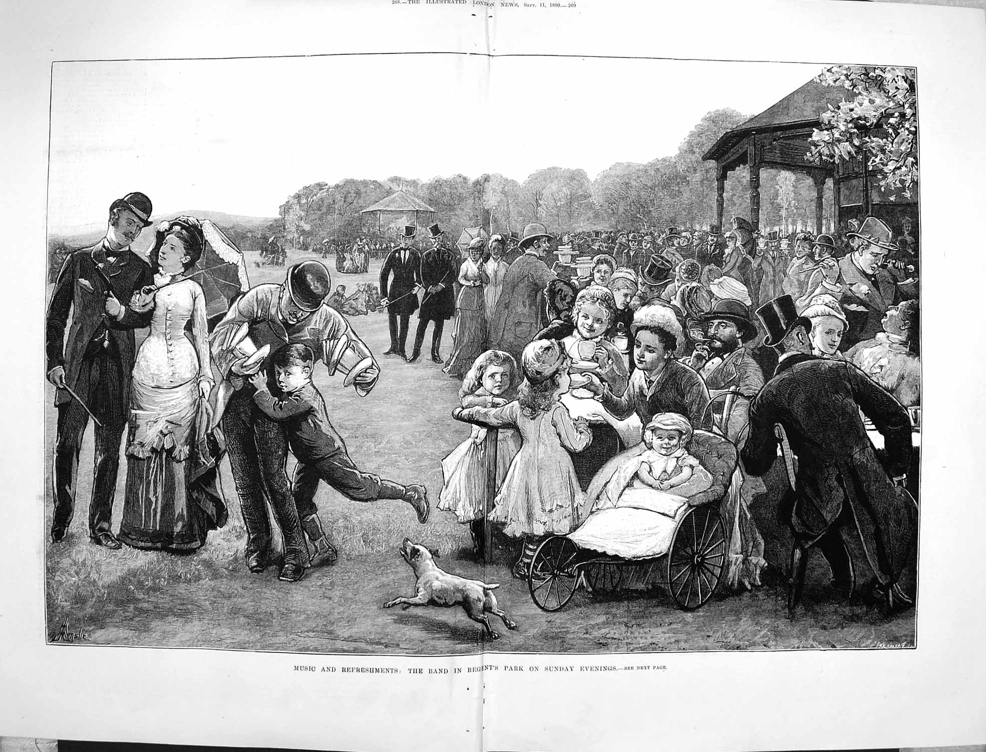 Original Old Antique Print 1880 Music Refreshments Band Regent'S Park London