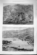 Old Antique Print 1880 Cattaro Adriatic Coast Gravosa Naval Squadron Ship 19th
