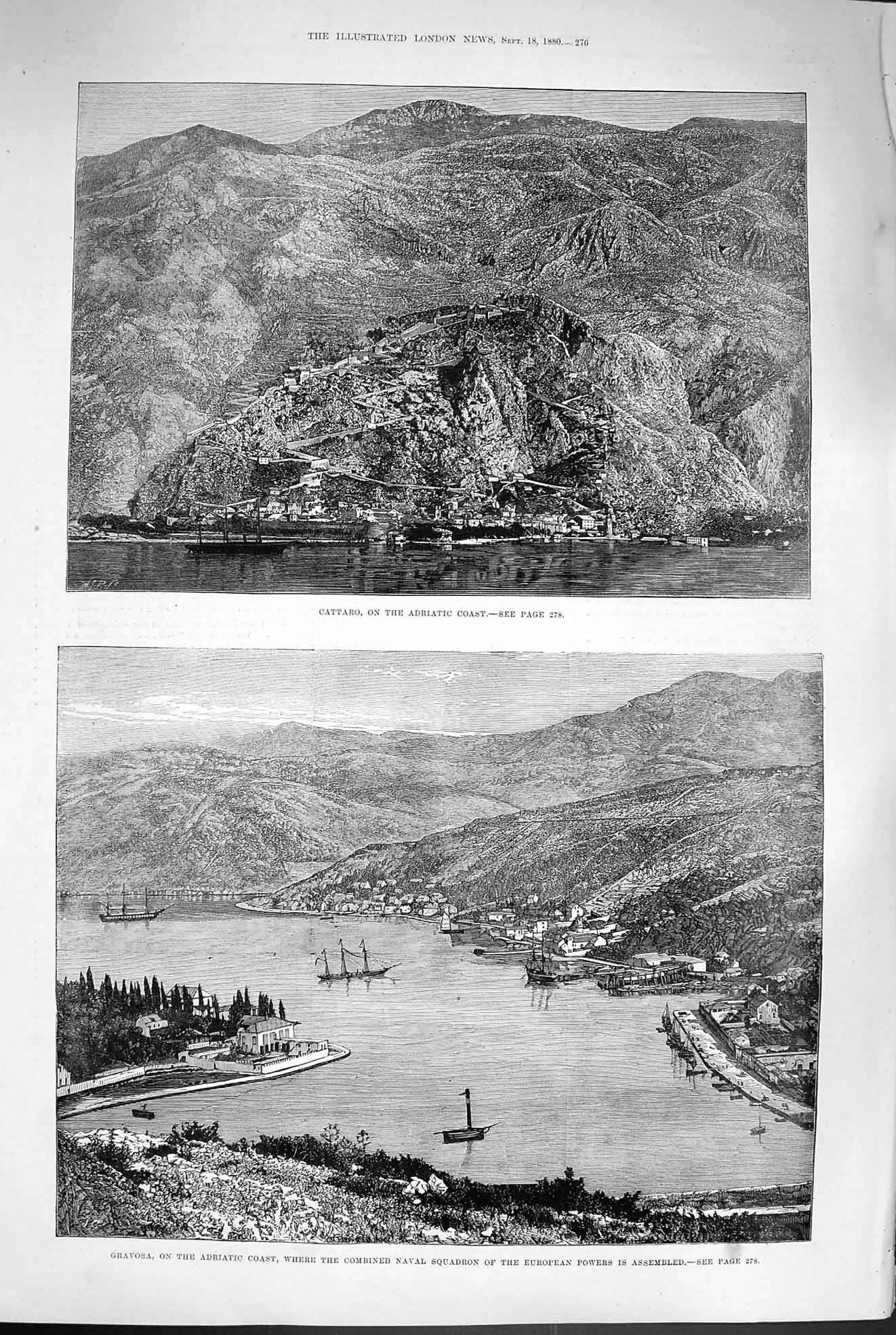 Old Antique Print 1880 Cattaro Adriatic Coast Gravosa Naval Squadron Ship 19th